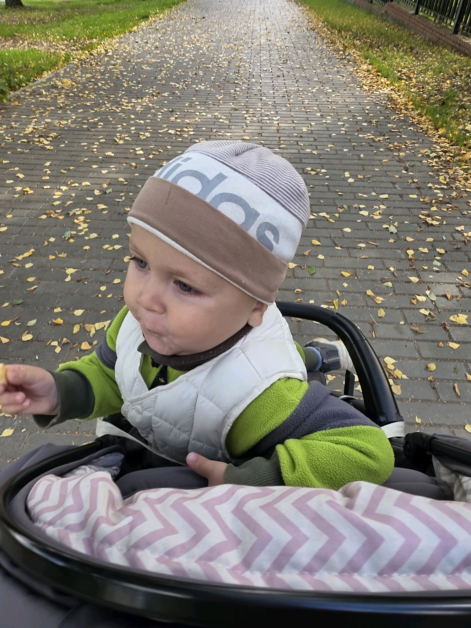 In Chaikovsky, Russia, a young child, appearing to be a toddler, sits in a stroller on a paved path covered in fallen yellow leaves. The child wears a grey and white striped beanie with a brown band, a white puffer vest over a green fleece jacket, and a grey stripe on the sleeve. The child is looking to the side and appears to be eating something from their hand. The stroller has a black frame and a pink and white chevron-patterned blanket inside. The background shows a grassy area on the left and a slightly fenced area with more grass and brickwork on the right, suggesting a park or public walkway in an urban setting.