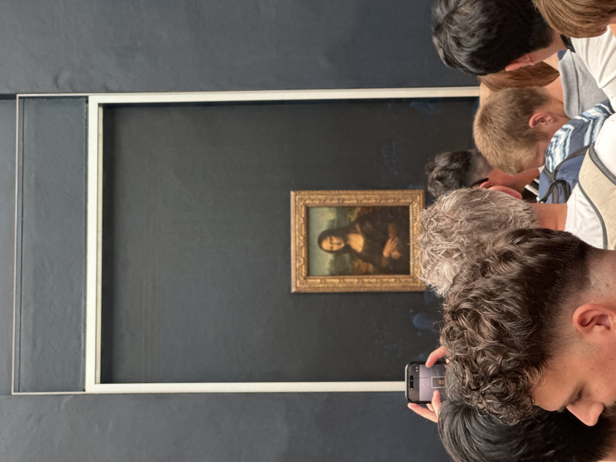 The image shows a large crowd of people gathered in front of the Mona Lisa painting at the Louvre Museum in Paris, France. The painting is displayed in a gilded frame against a dark wall. Many people are holding up their phones to take pictures or videos of the artwork. The foreground is filled with the backs of several people's heads, including one man with curly hair who appears to be taking a photo with his phone. The overall atmosphere suggests a popular tourist attraction.