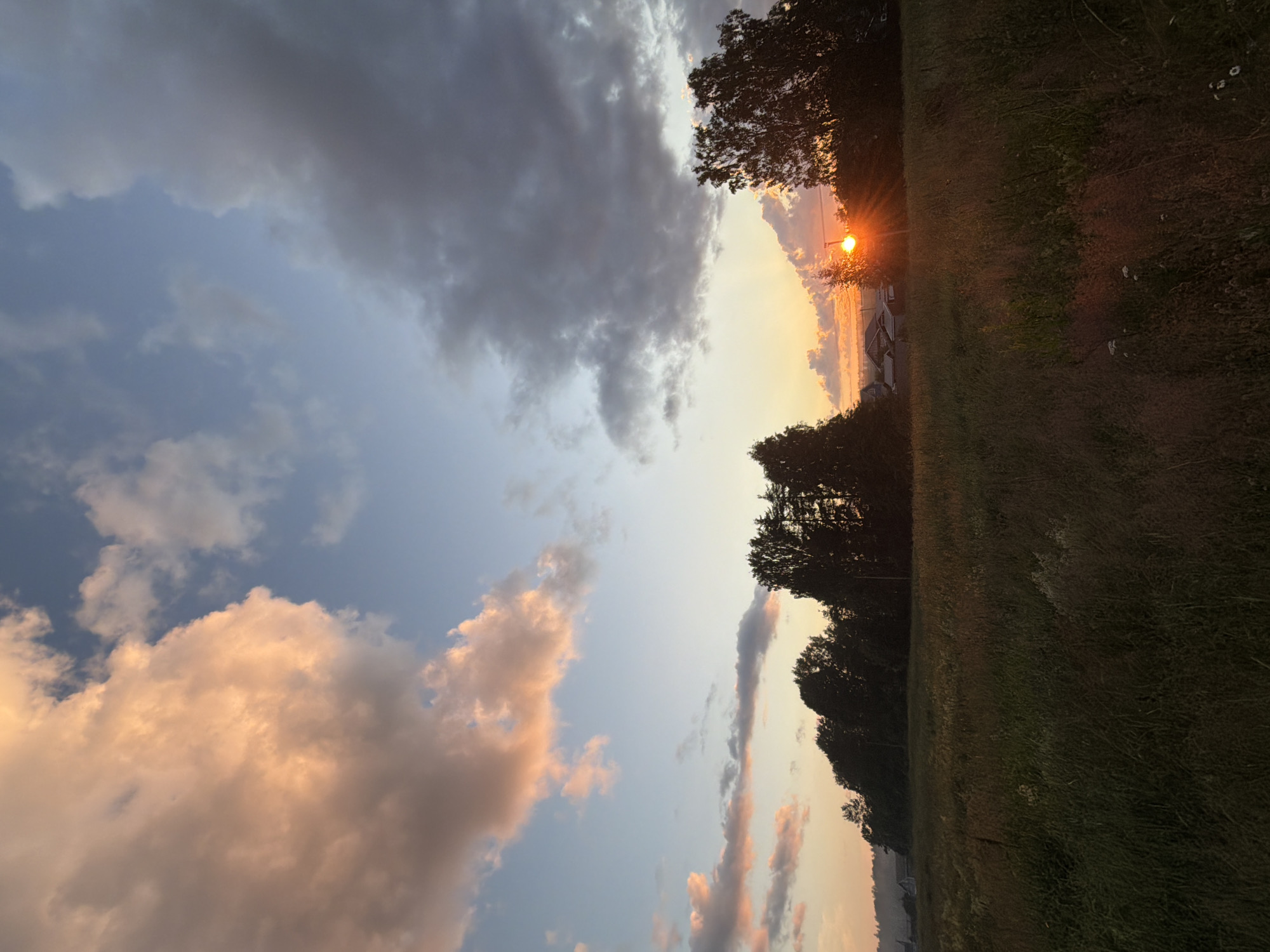 This is a landscape photograph captured vertically, likely during sunset, due to the warm, orange glow of the sun and the colors of the clouds. The scene is divided into sky and land. The left side of the frame is dominated by the sky, which features a mix of dark, dramatic clouds and lighter, wispy clouds tinged with pink and orange hues from the setting sun. The right side of the frame shows a field of tall, dry grass, characteristic of a rural or undeveloped area. Silhouetted trees line the horizon on the right, and a solitary lamppost with its light on is visible, emitting rays of light that extend outwards. In the distance, beneath the trees and behind the lamppost, a few structures, possibly buildings or vehicles, are faintly discernible. The overall mood is serene and picturesque, with the natural beauty of the sunset creating a tranquil atmosphere. There is no visible text in the image.