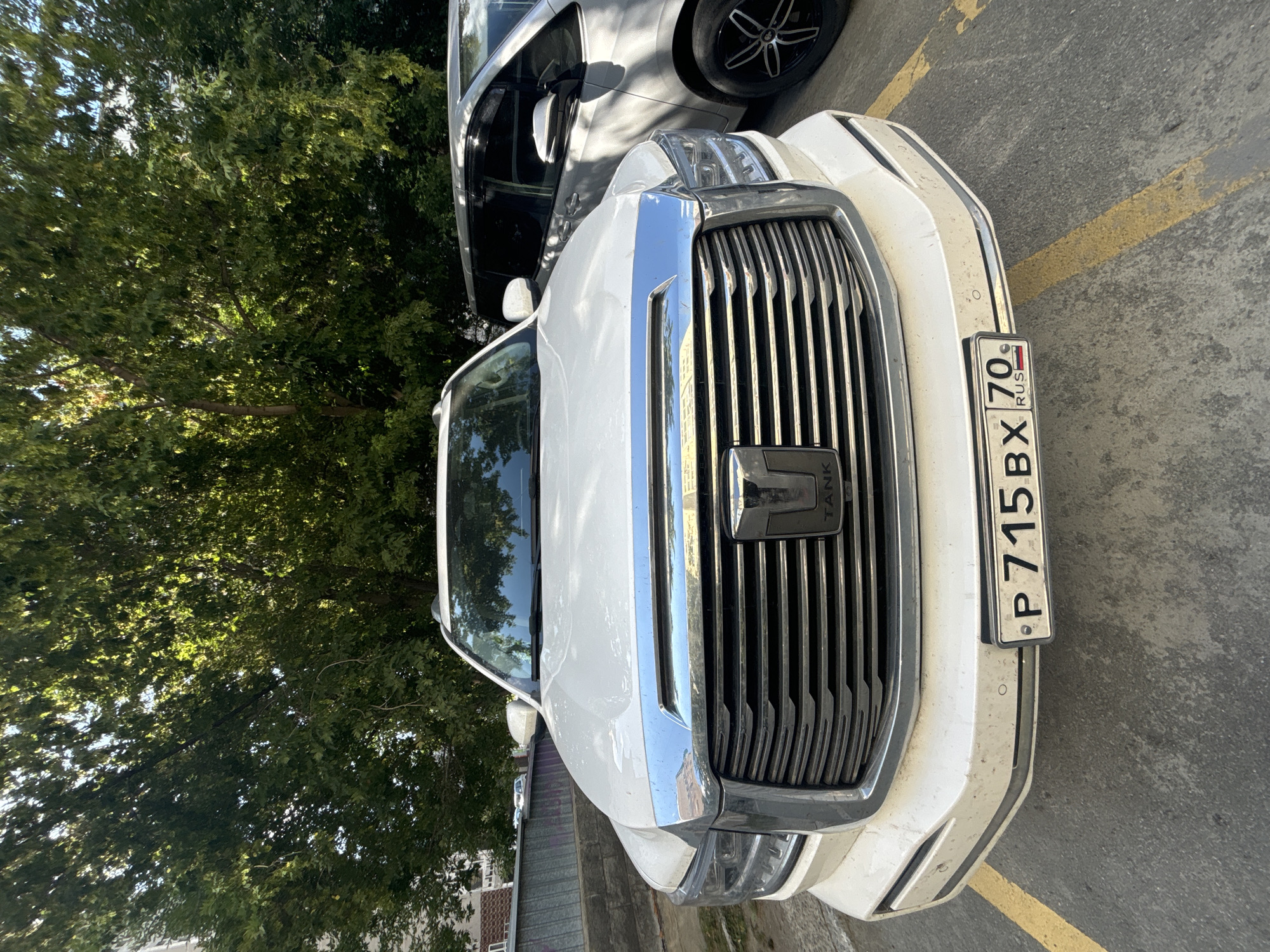 A white TANK 300 SUV is parked in a parking lot in Novosibirsk, Russia, in front of a building and a large tree. The car has a chrome grille and a Russian license plate that reads "P 715 BX 70 RUS". The vehicle is positioned at a slight angle to the viewer, with its front end prominent. A silver minivan is parked to the right of the SUV. The ground is asphalt, marked with yellow parking lines. The scene appears to be taken on a sunny day, with sunlight filtering through the leaves of the tree.