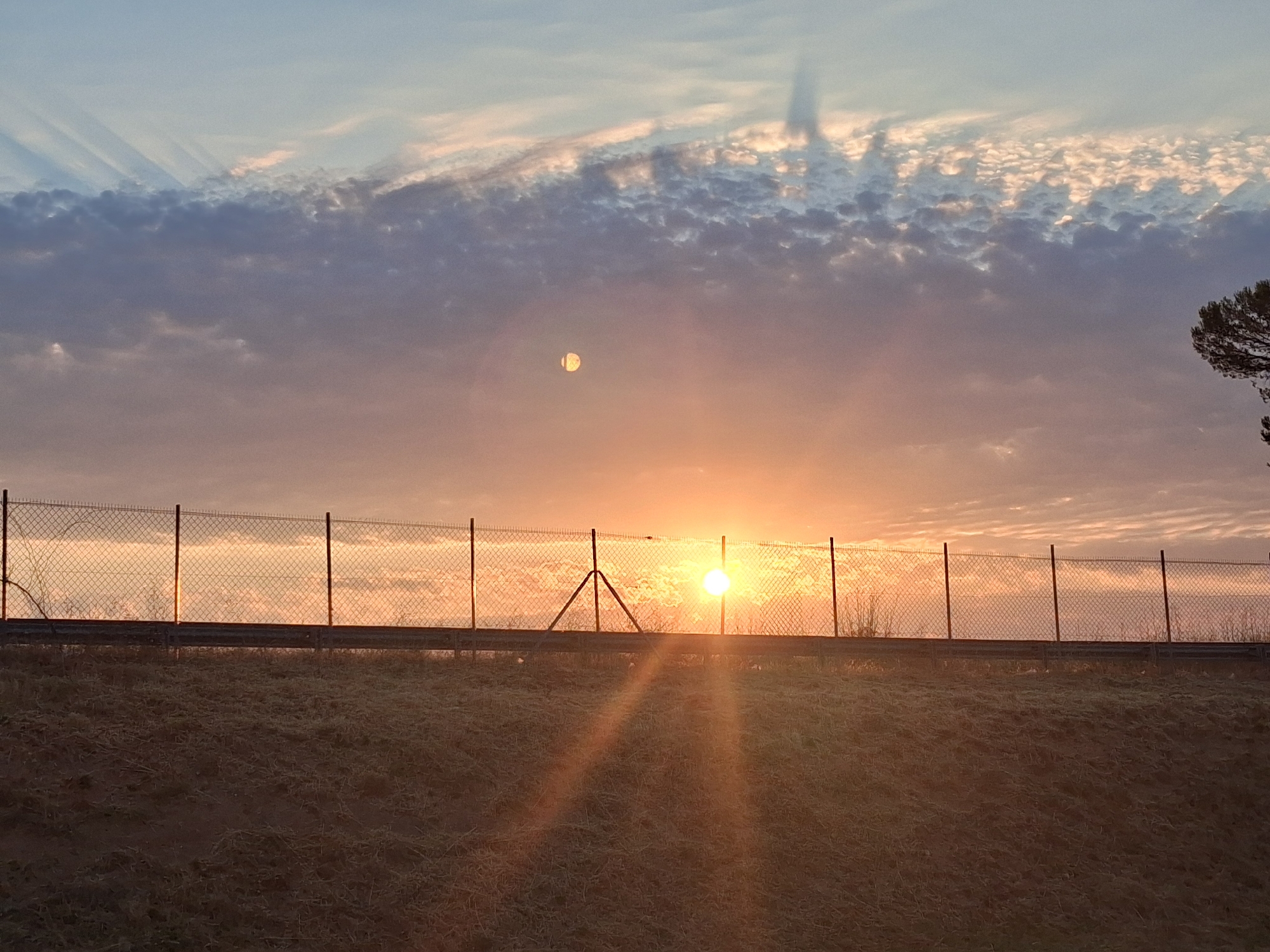 The image captures a sunrise over a grassy embankment behind a chain-link fence in Rousset, France. The sun, a bright orb, is positioned centrally in the frame, peeking through the fence and casting long rays of light. Wispy clouds with streaks of pink and orange are scattered across a pale blue sky, suggesting the early morning. A faint, circular shape, possibly the moon or a lens flare, is visible in the upper center of the sky. The embankment is covered in dry, brown grass. A metal barrier runs along the base of the fence. The scene is devoid of people or any discernible activity.