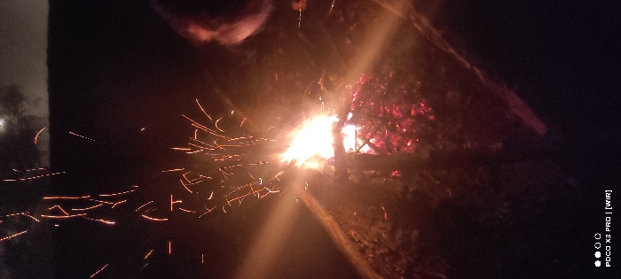 The image displays an active bonfire at night in the city of Constance, Germany. Central to the frame, bright yellow and orange flames emanate from a core of glowing red embers and burning wooden material. Numerous elongated, incandescent orange and yellow sparks are visibly ascending from the fire, indicating active combustion. The immediate ground surrounding the bonfire is dark, illuminated by the fire's glow, and appears to be an unpaved or vegetated surface. Two dark, roughly linear objects, consistent with logs or branches, are visible extending into the fire from the lower left and right. The background is predominantly dark, with a faint, hazy light source visible in the upper left, against what appears to be a dark, indistinct sky or distant treeline. In the upper right quadrant, a blurred, indistinct human form or object is partially discernible, illuminated by the firelight.
