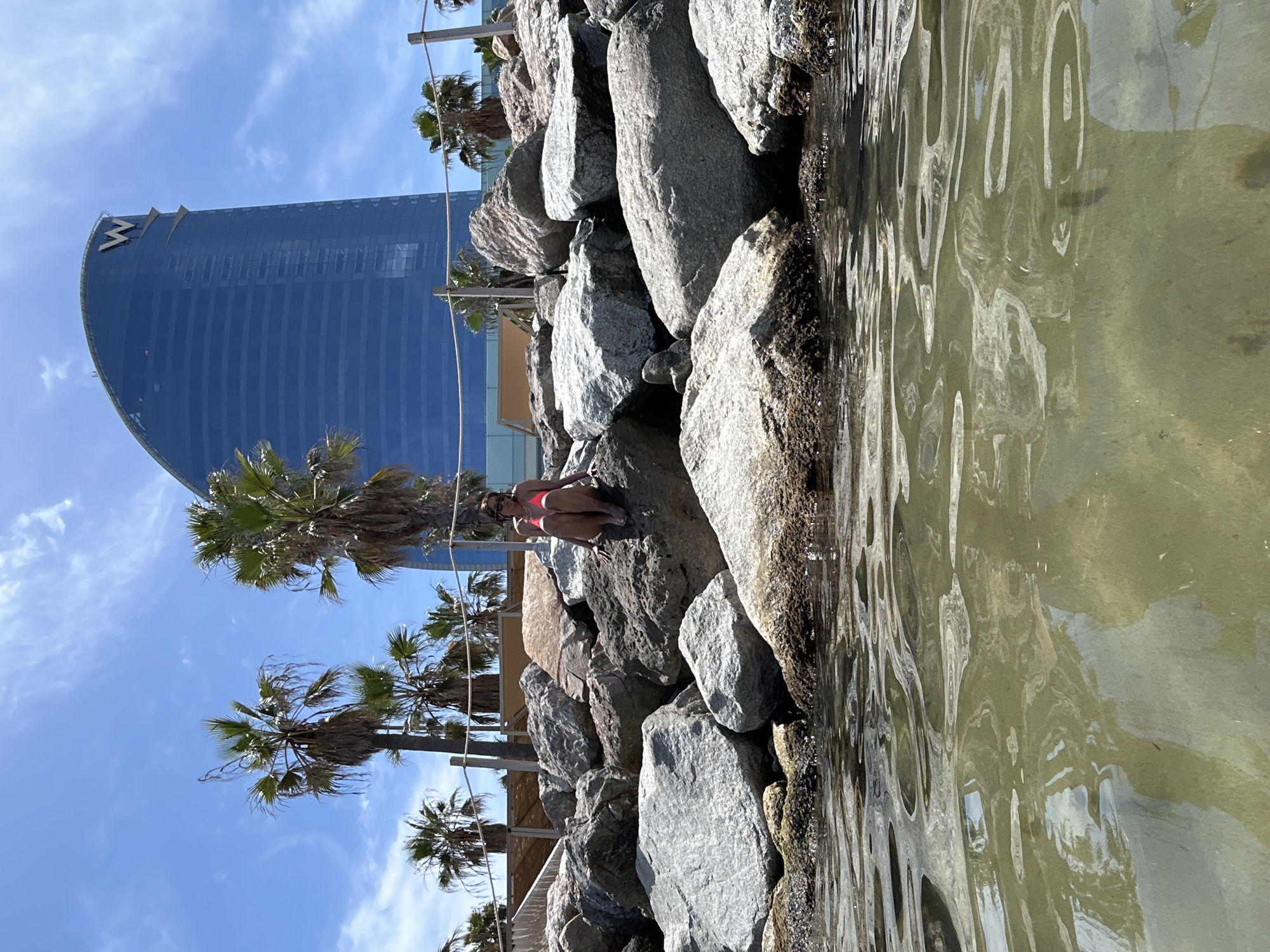 A woman in a pink bikini sits on a large rock by the water. She is facing the camera, with her legs tucked underneath her. Behind her, a large, curved blue glass building with a "W" logo at the top is visible. Palm trees are scattered throughout the scene. The water in the foreground is murky green, with ripples on the surface. This is the W Barcelona Hotel, located on the Barceloneta beachfront.