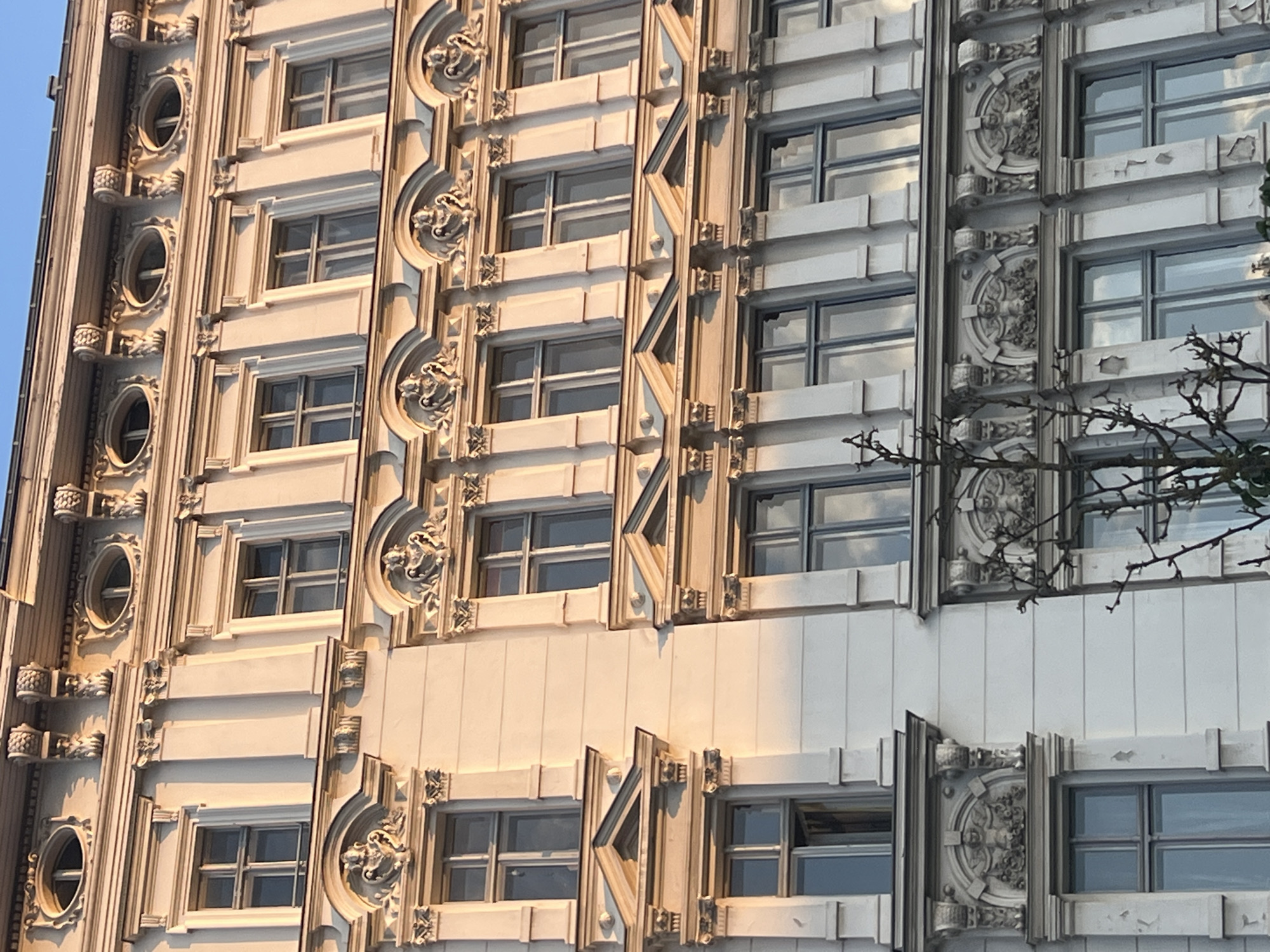 The image shows an ornate, light-colored building facade, likely in Berlin, Germany, bathed in the warm light of sunset or sunrise. The building features multiple stories with regularly spaced windows, each framed by decorative architectural elements. The windows themselves are multi-paned and appear to be made of gray-tinted glass.
The upper floors exhibit oval windows and decorative sculptures or reliefs above some of the rectangular windows. The facade is adorned with columns, cornices, and intricate moldings, suggesting a historical or classical architectural style. Some areas of the facade show signs of wear and tear, with paint peeling or chipped in places.
In the foreground, the bare branches of a deciduous tree extend into the frame, partially obscuring the lower portion of the building. The sky visible at the top of the image is a clear, light blue, indicating fair weather. There are no people visible in the image, and the scene depicts a static architectural study. The overall impression is one of aged elegance and historical character within an urban setting.