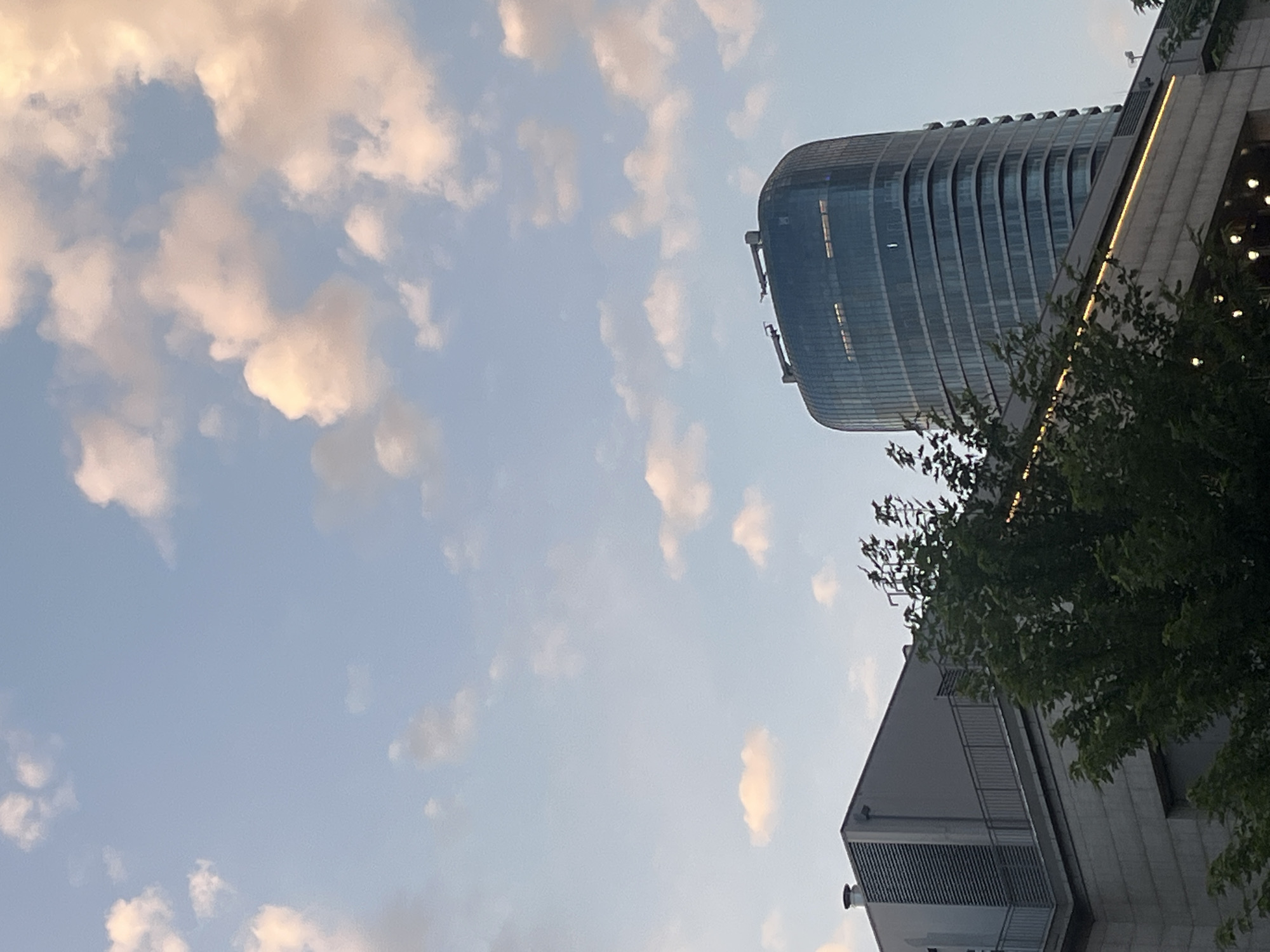 The image shows a modern architectural scene in Belgrade, Serbia. In the foreground, a grey, concrete building with a metal railing and ventilation system is visible. To the right, a large, curved skyscraper with a reflective blue-glass facade dominates the upper portion of the frame. Green trees with dense foliage obscure the lower part of the scene. The sky above is a pale blue, dotted with soft, pink-tinged clouds, suggesting it might be late afternoon or early evening. The overall impression is one of urban development and modern design. The specific location within Belgrade is not identifiable from the image alone.
