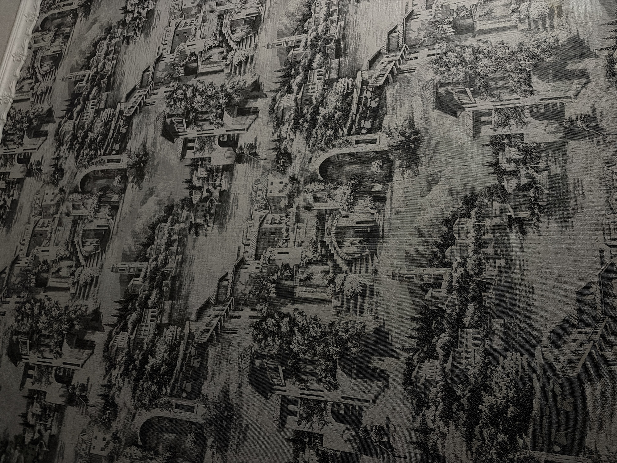 The image shows a wall covered in patterned wallpaper. The pattern is a repeating design depicting an architectural landscape with buildings, stairways, and stylized trees or foliage. The overall tone is monochromatic, with shades of grey. The texture of the wallpaper itself is visible. The edge of the wall is visible in the left side of the image, with trim. There is no mention of Новинки, Russia.