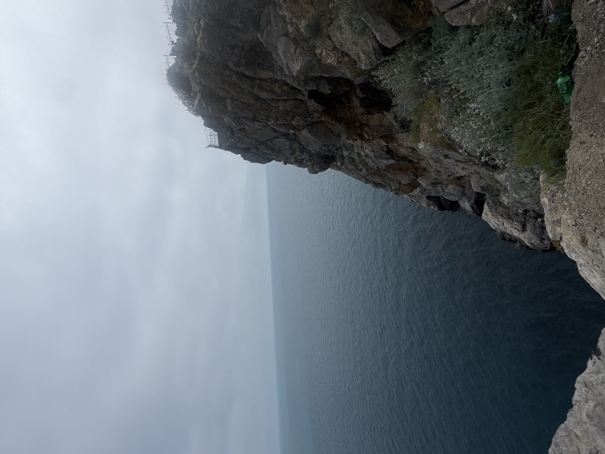 The image depicts a sheer cliff face overlooking the sea in Гаспринский поселковый совет, Ukraine. The cliff is composed of gray rock and sparse vegetation, including small white flowers. A section of metal railing is visible at the top edge of the cliff. The sea is a uniform dark blue, contrasting with the cloudy, gray sky. The image appears to be taken from the edge of the cliff looking down.