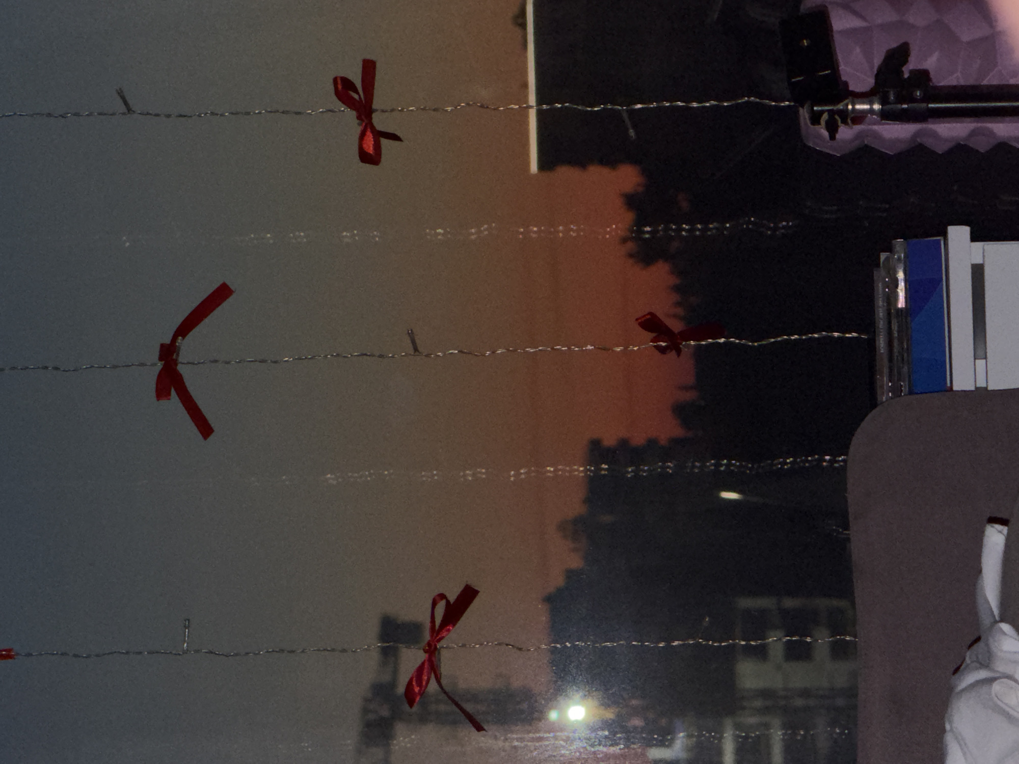 The image depicts a window view with several red bows tied to thin wires, possibly Christmas lights. The background shows a dusky sky with hues of orange and blue, suggesting either sunrise or sunset. Silhouetted against the sky are the outlines of buildings and trees, indicating an urban or suburban environment. There is also a hint of a construction crane on the left side. In the foreground, a portion of a couch and some books on a shelf are visible. The scene appears to be indoors, looking out. The location of Sirius, Russia is not discernible from the visual information in the image.