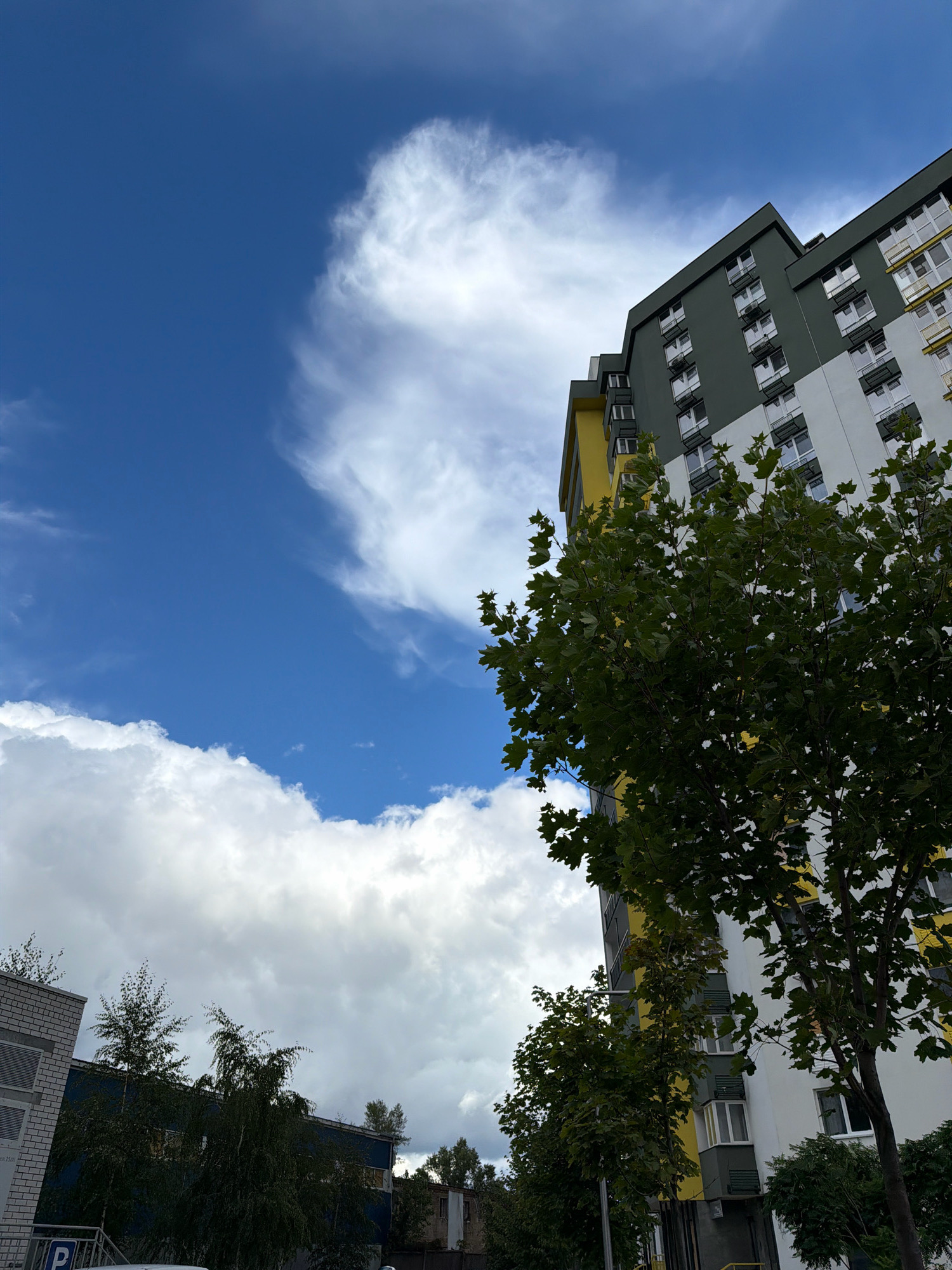 The image shows a modern residential building with yellow and green accents against a blue sky with scattered clouds. A large tree with green foliage is in the foreground, partially obscuring the building. Other buildings and trees are visible in the background. The scene appears to be in a residential area of Kyiv, Ukraine, likely taken during the daytime. There are no people or animals visible in the image. The weather appears to be partly cloudy.