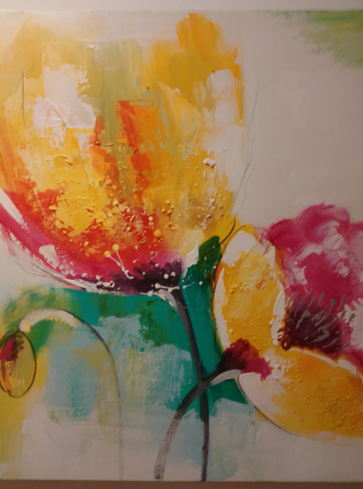 This is an abstract painting of flowers. The painting features bold brushstrokes and vibrant colors, predominantly yellow, orange, pink, and green. The flowers appear to be large and stylized, with textured petals created by thick applications of paint. There are no people or discernible environmental features of the city of Wedel, Germany, in the image. The background is a soft, off-white color, with a hint of pale green in the upper right corner, suggesting a subtle suggestion of sky or distant foliage. The overall impression is one of energetic and expressive floral art.