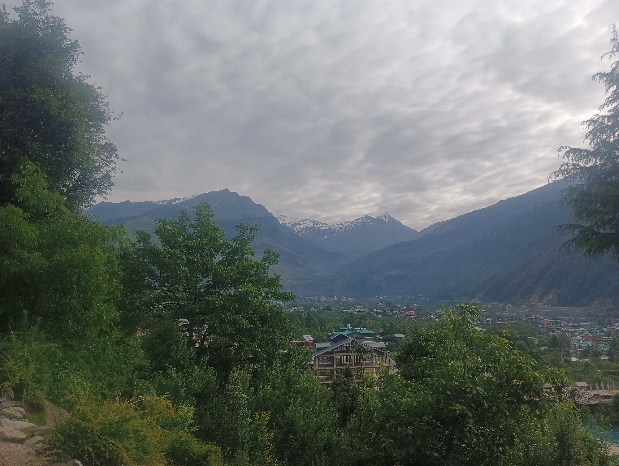 The image shows a panoramic view of Shanag, India, from a hillside vantage point. In the foreground, lush green trees and foliage dominate the left and right sides of the frame, with a rocky path visible on the lower left. A partially constructed building with exposed beams and a dark roof is nestled amongst the trees in the mid-ground. Beyond this, a town sprawls across the valley floor, characterized by numerous buildings with green roofs, interspersed with more trees and some roads. In the background, majestic mountains rise, their peaks dusted with snow, under a cloudy, overcast sky. The scene captures a serene, natural landscape with a developing human settlement.