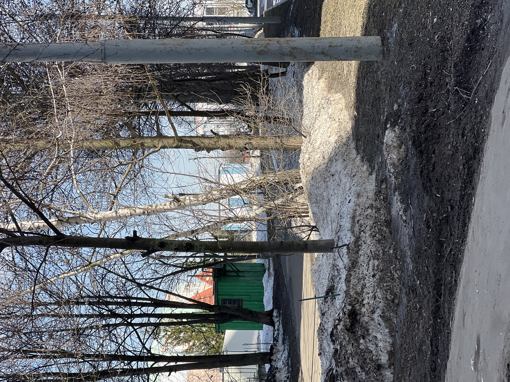 The image depicts a street scene in Moscow, Russia, likely during late winter or early spring. Along a sidewalk with partially melted snow and bare trees, a green utility building with a red roof is visible. In the distance, buildings and parked vehicles are faintly discernible. Two grey metal pipes run through the image from top to bottom, obstructing the view. No people are visible. The scene conveys an urban setting transitioning from winter to spring.