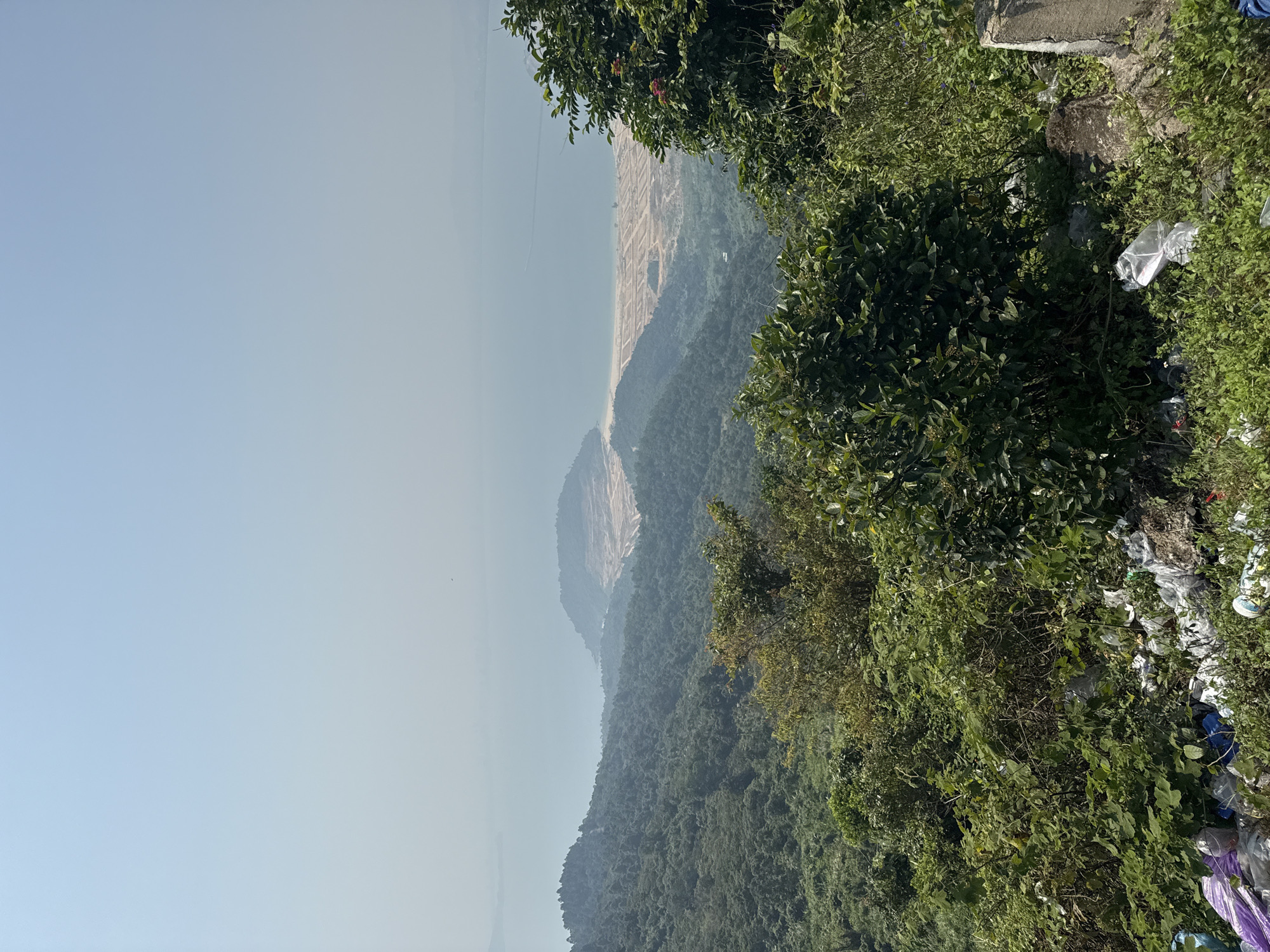 The image depicts a landscape with a coastal view, likely taken from an elevated position, showing a panorama of mountains, forests, and the sea. In the foreground, there is dense vegetation, including trees and shrubbery, growing near what appears to be a concrete or stone ledge, with trash accumulation in the plants. In the middle ground, layers of mountains covered in green foliage are visible, receding into the distance with a hazy, blue-grey hue. Beyond the mountains, a sandy coastline meets the sea under a light blue sky. The horizon is indistinct due to the atmospheric conditions. The location is Đà Nẵng, Vietnam. A beach and mountains are depicted. The photo seems to be taken in a natural environment with a disregard for ecological preservation, as the foreground contains litter.