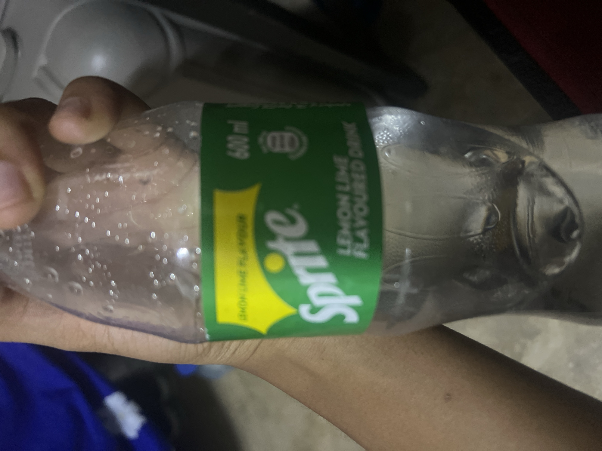 A hand holds a 600 ml bottle of Sprite. The label is partially visible, displaying the brand name "Sprite" in white letters with a yellow flash against a green background, along with text indicating "Lemon Lime Flavoured Drink." Condensation is visible on the bottle. The background shows a refrigerator. I cannot infer the location as Dar es-Salaam, Tanzania, from this image.