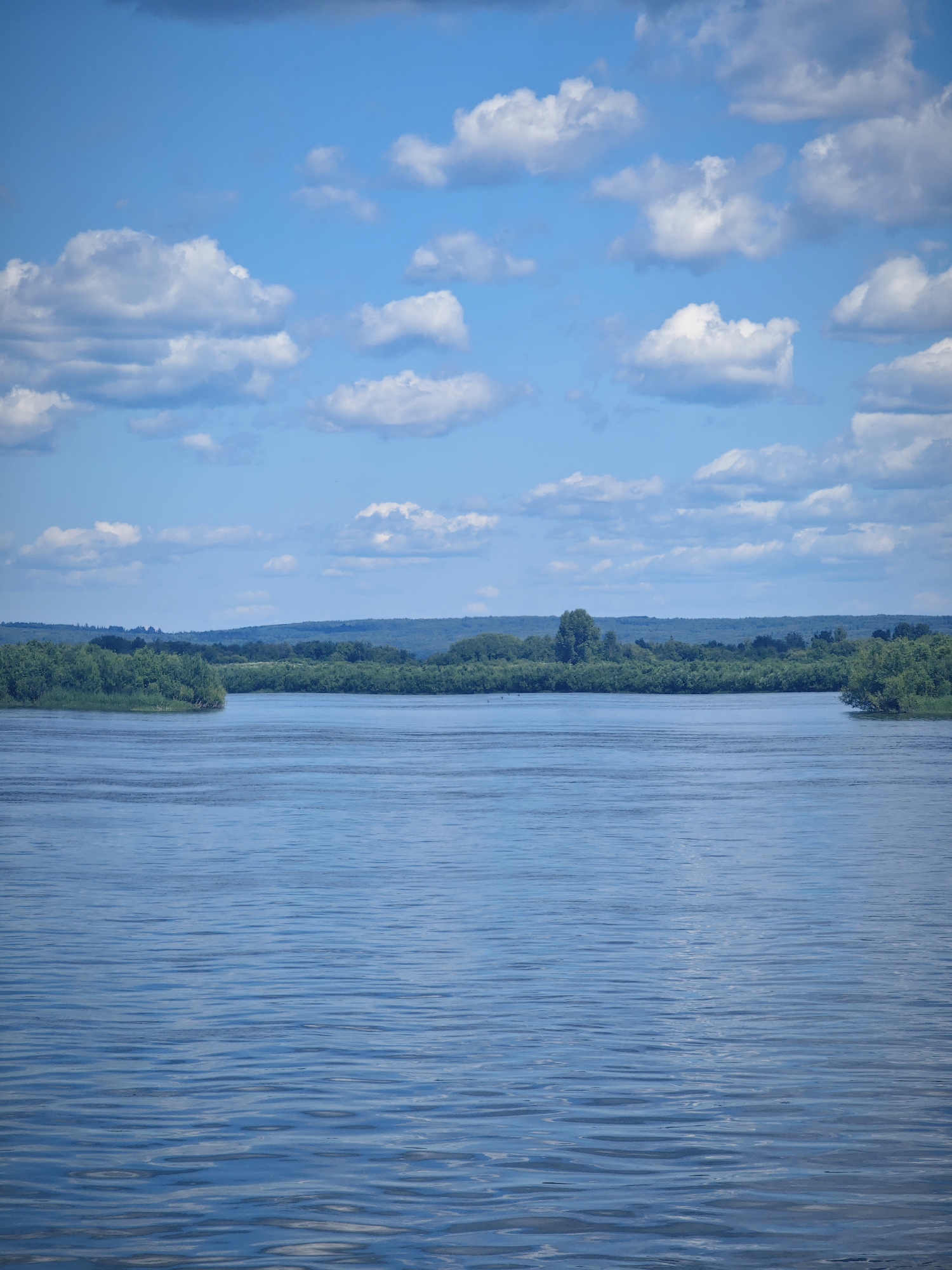 A wide, tranquil river flows through a verdant landscape under a bright blue sky dotted with fluffy white clouds. The river occupies the foreground and midground of the image, its surface rippling gently, reflecting the blue of the sky and the surrounding greenery. Along the banks, dense trees and foliage create a lush, green border that stretches into the distance. Beyond the treeline, a hazy, rolling landscape of hills can be seen under the expansive sky. The image captures a serene natural scene, likely in a rural or natural setting, such as the outskirts of Krutoy Log, Russia, known for its natural beauty and proximity to water bodies.