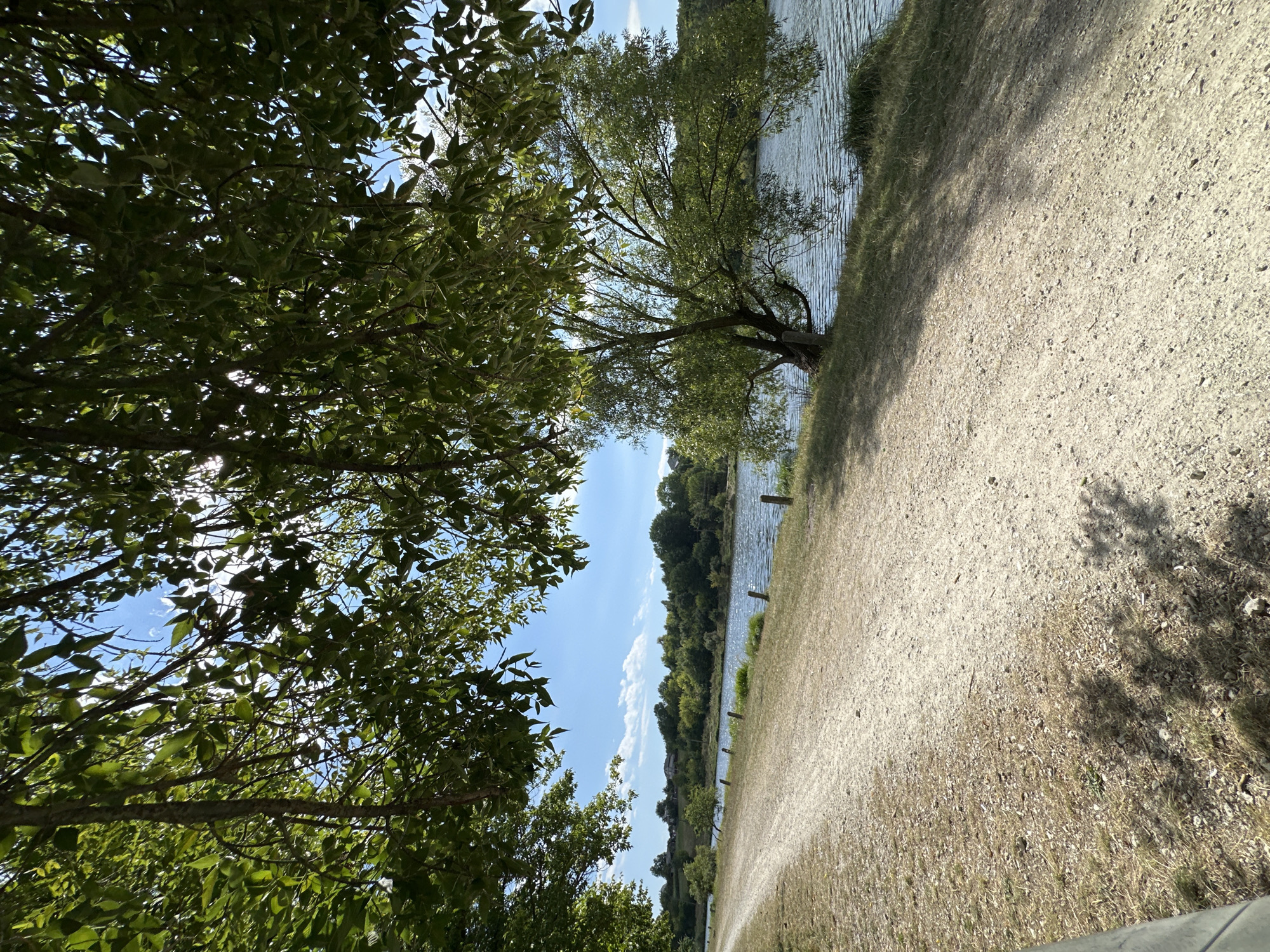 A gravel path runs alongside a body of water, likely a river, under a canopy of leafy green trees. The water is calm with gentle ripples reflecting the bright blue sky dotted with a few wispy white clouds. Across the water, a lush green treeline forms the horizon, with a few scattered buildings peeking through. In the foreground, the path is dry and dusty, with patches of sparse grass and small stones. The shadows of the trees are cast across the path, indicating it is a sunny day. The scene appears to be a tranquil park or natural area. This location is in the city of Makiv, Ukraine.