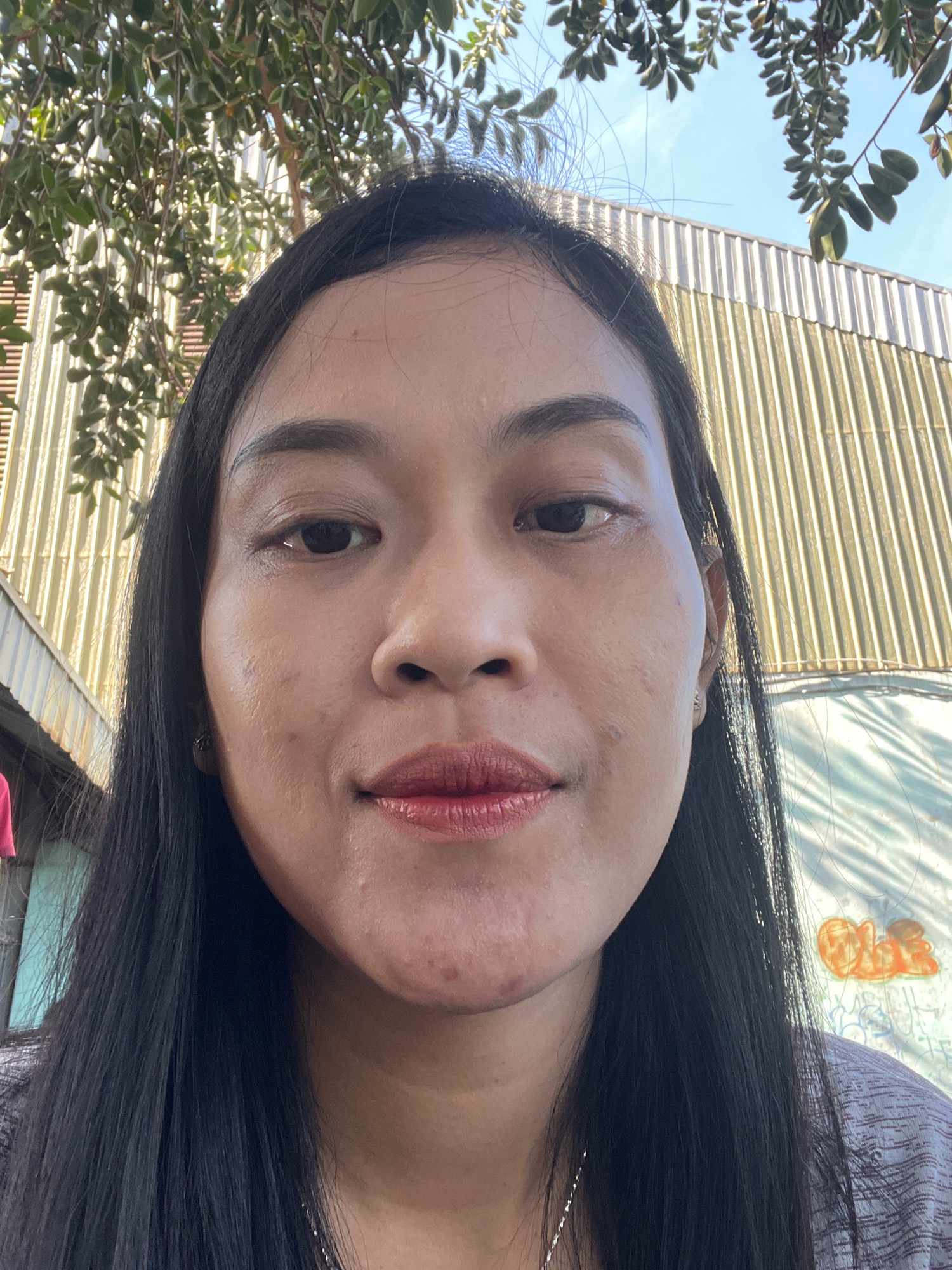 A close-up, eye-level, full face portrait of a young woman with long, dark hair is captured outdoors. She is wearing a grey patterned shirt and a delicate silver necklace. Her skin is lightly tanned, and she has dark brown eyes, arched eyebrows, and reddish-brown lipstick. The background features lush green leaves from a tree hanging overhead, a corrugated metal building with vertical lines, and a clear blue sky. To the left, a glimpse of a blue wall and a piece of pink fabric is visible. Further to the right, the building's surface displays abstract orange graffiti. The scene appears to be in Kecamatan Pati, Indonesia, given the context of the prompt. The lighting suggests it is daytime, with soft sunlight illuminating the subject.