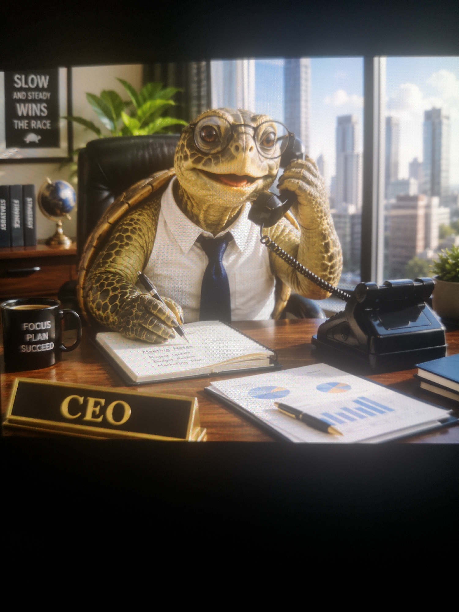 The image depicts an anthropomorphic turtle dressed as a CEO, sitting at a desk in a high-rise office, possibly in the city of Unknown, Unknown. The turtle is wearing glasses, a white shirt, and a navy blue tie. He is holding a black rotary phone to his ear and holding a pen in his other hand, appearing to take notes in a notebook. The notebook has the words "Meeting Notes" with the bullet points "Project Update," "Budget Review," and "Marketing Plan." A black mug labeled "FOCUS PLAN SUCCEED" is on the desk next to a gold-colored "CEO" nameplate. A financial report with charts and graphs is visible in front of the turtle, along with a closed notebook. In the background is a poster that says "SLOW AND STEADY WINS THE RACE." A globe is displayed on a bookshelf next to a row of books. Outside the window, the city of Unknown, Unknown is visible.
