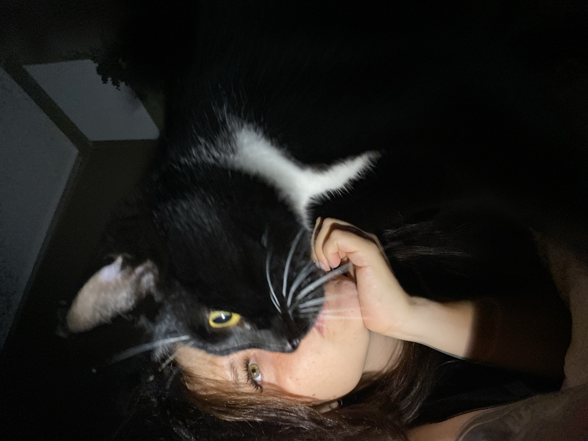 A close-up shot features a person with long brown hair, their face partially obscured by a black cat with white markings. The person's left eye, a striking green, is visible, along with freckles scattered across their cheek. Their hand rests on their chin, supporting their head. The cat's bright yellow eye and white whiskers are prominent, with the majority of its body in shadow. The background is dark, with a faint, rectangular light source visible in the upper right quadrant, possibly a window or screen. The scene is dimly lit, creating a sense of intimacy and mystery. No specific location in Chaikovsky, Russia is identifiable.