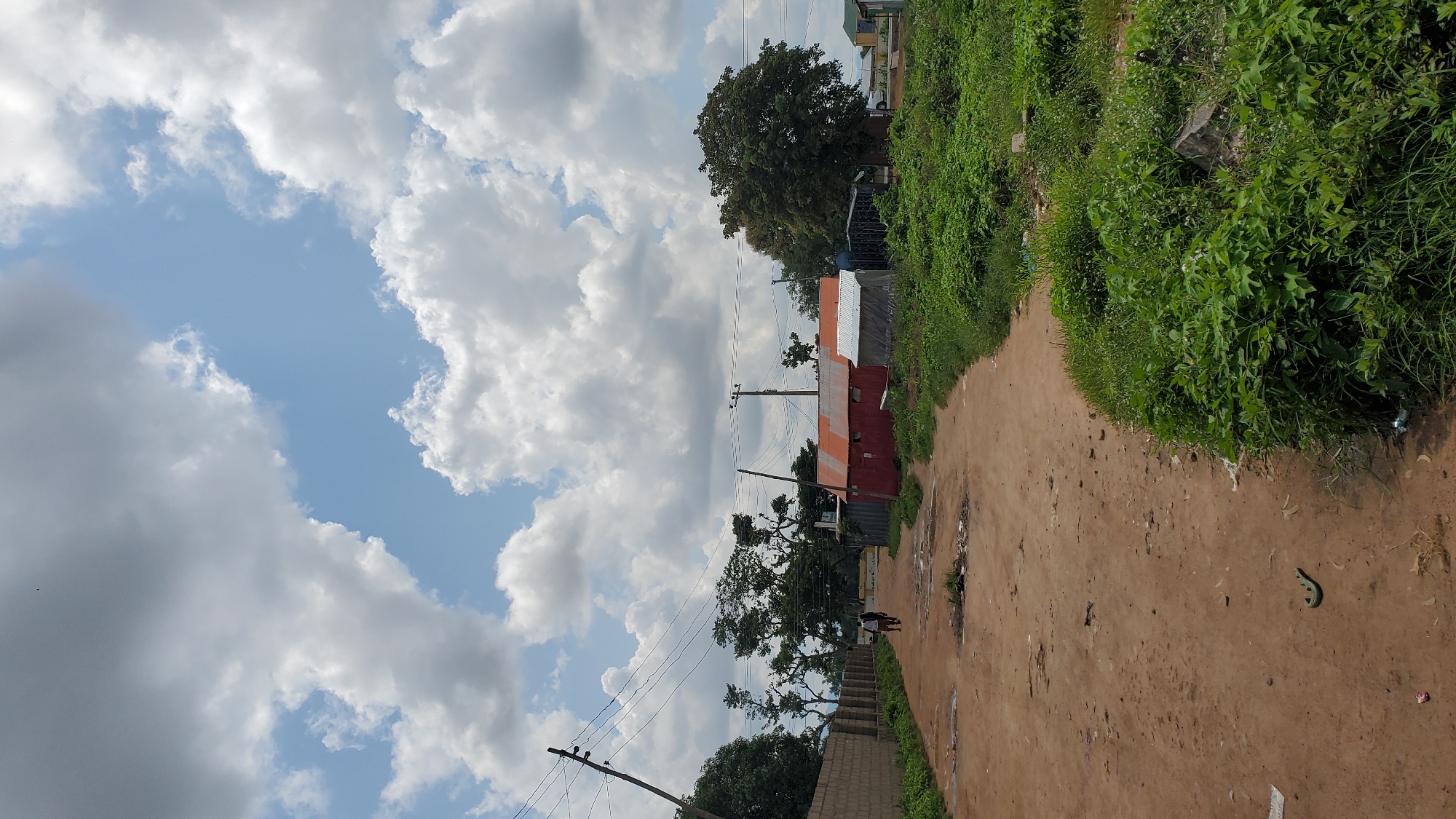 This image depicts a dirt road in Jalingo, Nigeria, with a cloudy sky overhead. The road is unpaved and shows signs of wear, with puddles and debris scattered along its surface. On the right side of the road, dense green vegetation covers the landscape, with some scattered trash visible. On the left side, a brick wall runs alongside the road, and beyond it, there are several structures. These structures include buildings with red corrugated metal roofs and some with zinc roofs, suggesting they might be makeshift or temporary dwellings or workshops. Electrical poles and wires are visible throughout the scene, indicating the presence of electricity infrastructure. Two individuals are walking away from the camera on the dirt road, their interaction not discernible. The overall impression is one of an undeveloped or developing area within Jalingo.
