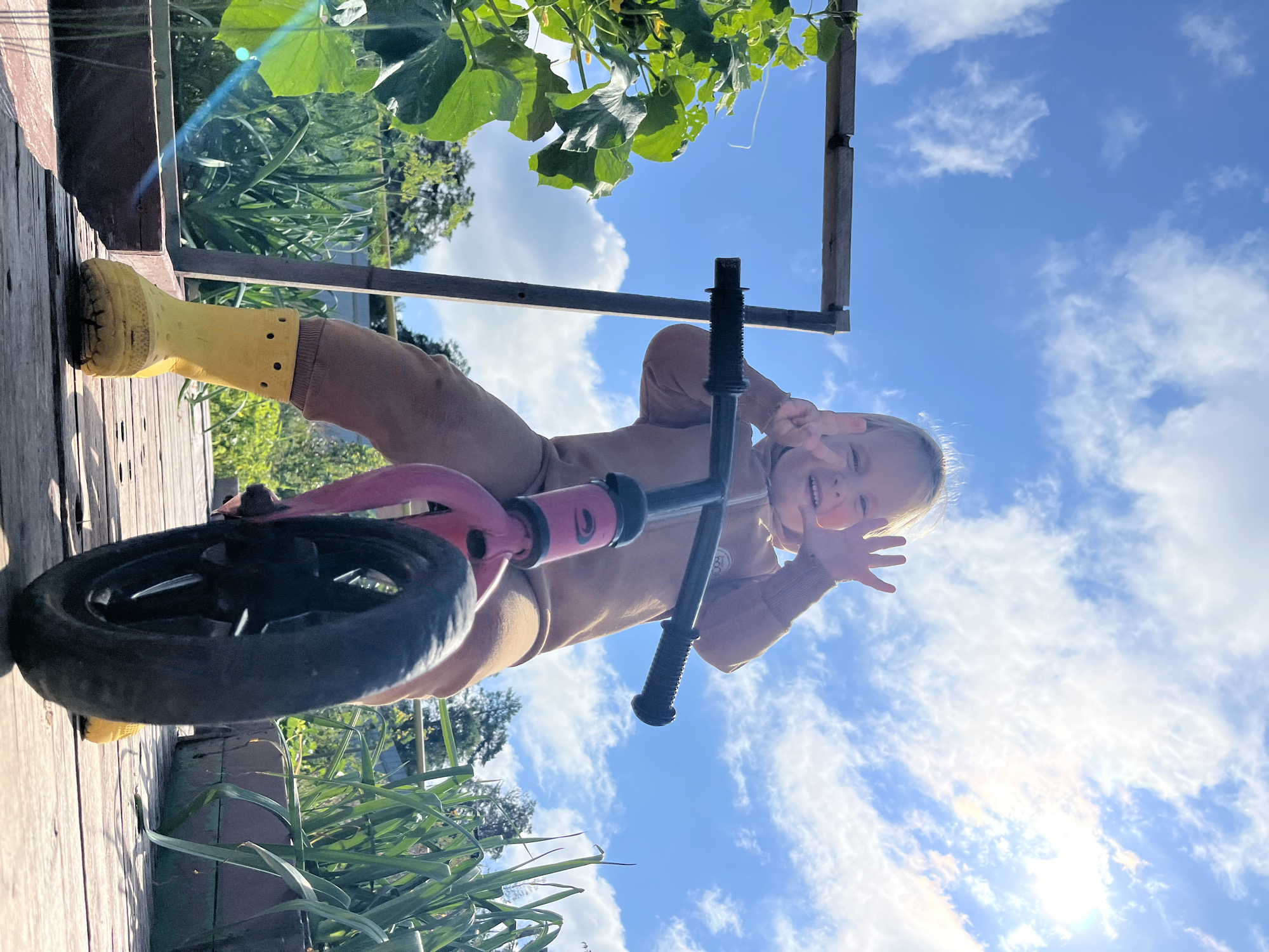 A young child, viewed from a low angle, is on a pink balance bike outdoors on a sunny day. The child wears a tan hooded jumpsuit and bright yellow boots. They are looking up at the camera with a smile and making a peace sign with their right hand, and holding up their left hand. The child is positioned on a wooden walkway or deck, which runs through a garden area. On the left side of the frame, a large green plant with broad leaves is visible, and to the right, tall green plants resembling onions or garlic are growing in a raised bed. In the background, trees are silhouetted against a bright blue sky filled with white, fluffy clouds. The sun is visible and shining brightly. The scene appears to be a backyard or community garden space. There is no explicit information indicating this location is in the city of Chaikovsky, Russia.