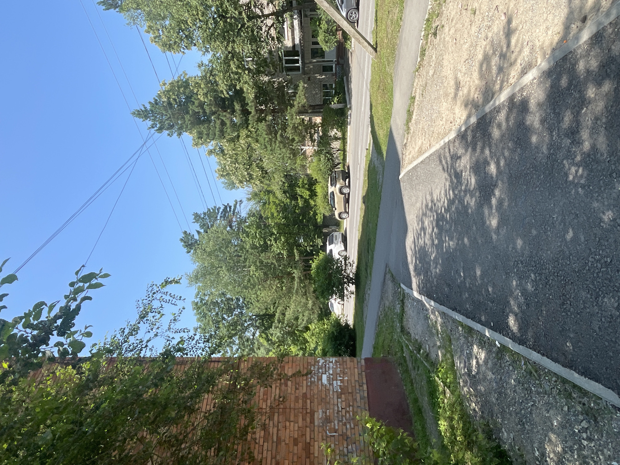 The image depicts a street scene in Spassk-Dal'nij, Russia, likely on a clear and sunny day. The perspective is from a slightly elevated position, looking down a paved road bordered by a gravel path and grassy areas. Several vehicles are visible on the road, including a light-colored SUV and a white van.
Lush green trees line the street, with some branches casting dappled shadows on the road. In the background, a multi-story brick building can be seen amongst the trees. A portion of a brick wall is prominent in the foreground on the left side of the image. Overhead, power lines are strung across the clear blue sky.
The overall impression is one of a peaceful, everyday scene in a residential or semi-urban area. The time of day appears to be midday, given the bright sunlight and strong shadows. No people are clearly visible in the frame. There is no visible text in the image.