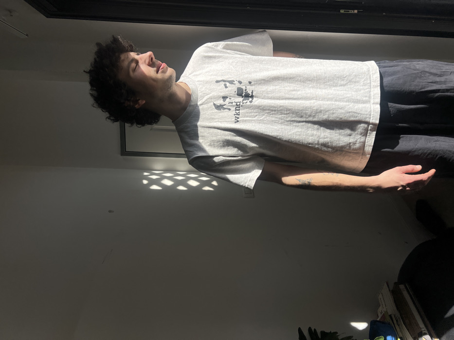 An indoor scene in Tel-Aviv, Israel, depicts a single male individual. The subject, appearing to be a young adult with light skin and dark, curly hair, is positioned in profile, facing towards the right side of the frame. He wears a light grey, short-sleeved t-shirt featuring a black graphic print on the chest, which includes the text "wknd" and an abstract, mottled dark shape. He is also wearing dark blue or black loose-fitting trousers. A small, dark-ink tattoo, resembling a star or geometric pattern, is visible on his left forearm. His eyes are narrowed or partially closed, indicative of exposure to direct, bright light, and a slight upward curve is present at the corner of his mouth.
The environment is a room or hallway with plain white walls. Strong natural sunlight enters from the right, illuminating the subject and the immediate surroundings. The light source is partially obscured by a dark vertical frame, consistent with a doorway or window jamb. On the white wall behind the subject to the left, a distinct pattern of interlocking diamond-shaped light patches is projected, suggesting the light is filtered through a decorative screen or blind. A white electrical outlet or light switch is visible on this wall. In the bottom-left corner of the frame, a dark-leaved plant partially obscures a stack of paper or books resting on a dark, flat surface. The scene is illuminated by daylight. No specific exterior landmarks are discernible to pinpoint the exact location within Tel-Aviv.