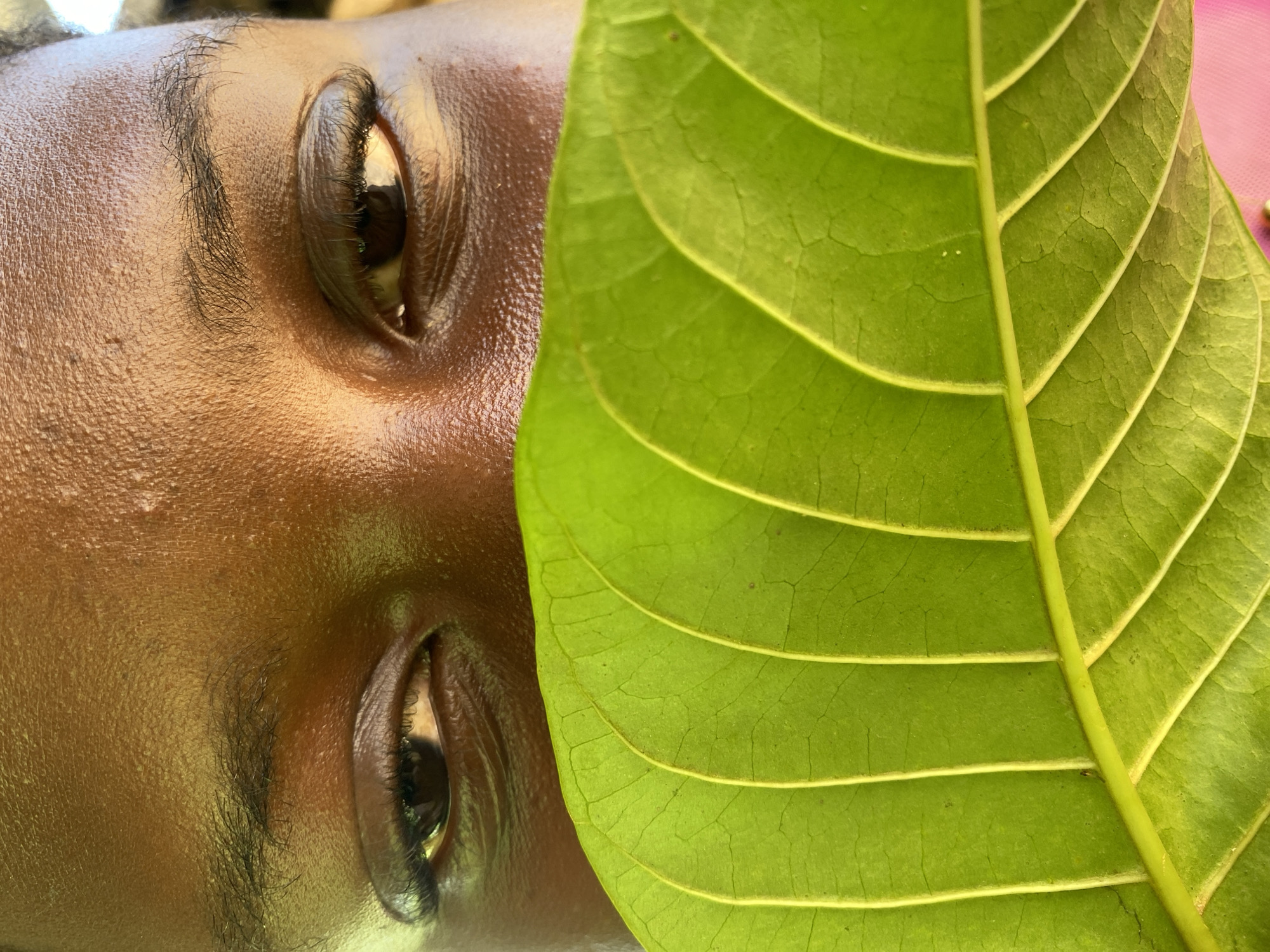 A close-up, rotated image features a person's face, partially obscured by a large green leaf. The person has brown skin, dark brown eyes, and defined eyebrows. The green leaf is vibrant and displays detailed venation. The background consists of what appears to be a pinkish surface. The city location is Hoss, Nigeria. The actions are the person laying still with the leaf placed near their face.