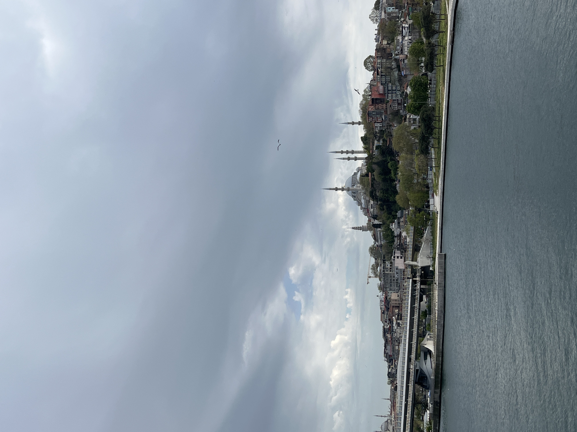This is a panoramic view of Istanbul, Turkey, captured on what appears to be a cloudy day. The image presents a cityscape rising from the edge of a large body of water, likely the Golden Horn or the Bosphorus.
In the foreground, the calm, dark blue-grey water occupies the right side of the frame, showing subtle ripples on its surface. A concrete waterfront embankment or promenade runs along the edge, separating the water from the urban landscape.
On the left, the city extends up a hillside, densely packed with buildings. Prominent among these are several grand mosques, identifiable by their large domes and multiple slender minarets, a signature architectural style of Istanbul. Green trees and other vegetation are interspersed among the buildings, adding a natural element to the urban fabric. In the far distance on the upper left, the distinctive silhouette of the Galata Tower is visible, confirming the location.
The sky is largely overcast, dominated by heavy grey clouds that fill the upper portion of the image. Some brighter patches of white clouds suggest intermittent breaks in the cloud cover. Several birds, likely seagulls, are captured in flight against this cloudy backdrop.
The scene conveys a serene yet slightly moody atmosphere due to the overcast weather. There is no visible text in the image.