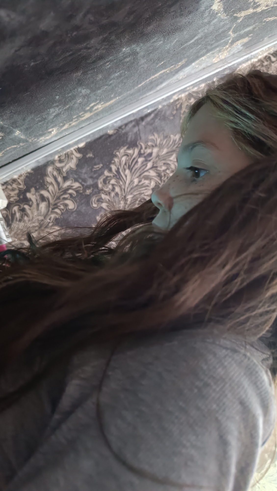 A young girl with brown hair is shown from the side, looking towards the right. She has freckles on her nose and cheeks and is wearing a grey hoodie. Her hair is long and messy, partially obscuring her face. The background is out of focus, showing a textured surface above and patterned wallpaper below. The image appears to be taken indoors, possibly in a home environment. The provided coordinates do not correspond to a location in Karsha, Russia.