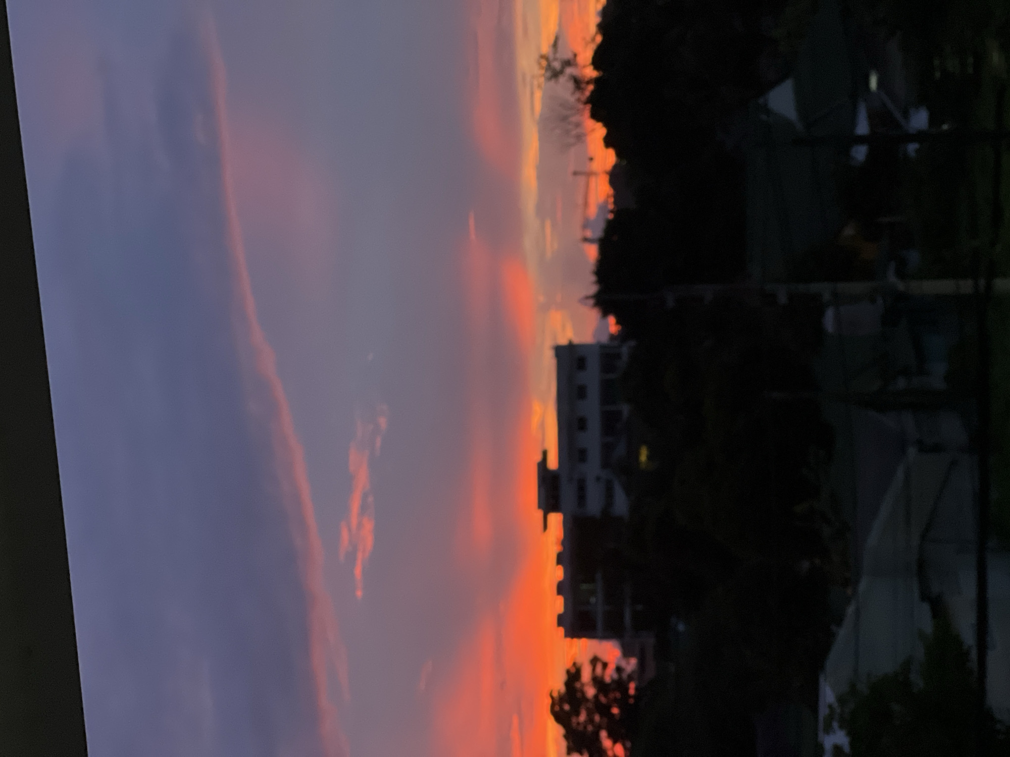 The image is a blurry, horizontal shot of a city skyline at sunset. The sky is a vibrant gradient of purple, pink, and orange, with wispy clouds. In the middle ground, a silhouetted building with multiple floors and a distinctive roofline stands out against the colorful sky. Dark silhouettes of trees and other buildings are visible below. The foreground is dominated by the dark, indistinct shapes of houses and greenery, suggesting a residential area. The overall impression is one of a twilight scene in a city.