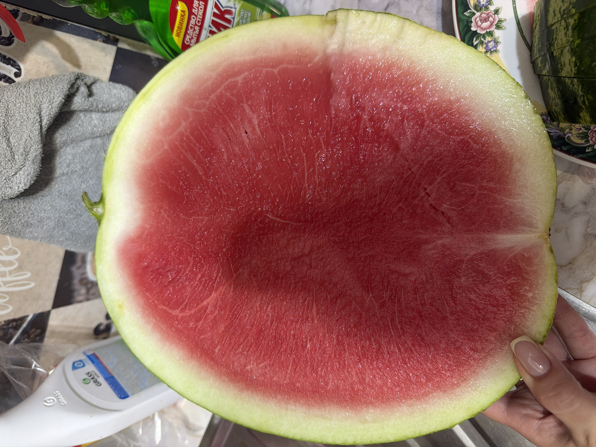 A close-up, overhead shot focuses on a large, ripe slice of watermelon, filling most of the frame. The vibrant red flesh is glistening, with fine, hair-like fibers visible throughout, indicating freshness. The rind transitions from a pale green at the outer edge to a creamy white near the flesh. To the left, a hand with manicured nails, painted with a French manicure, gently touches the rind. In the blurred background, on the left, a white bottle with a blue label that reads "GRASS" is partially visible. To the right, a partially obscured green bottle with a red and yellow label that says "НОВИНКА" and "СРЕДСТВО ДЛЯ" (which translates to "NEW ITEM" and "CLEANING AGENT") is present. A patterned plate with floral designs is visible at the bottom right, with a portion of a whole watermelon, showing its dark green rind and cut segments, placed on it. The overall environment appears to be a kitchen counter. The location is not discernible from the image.