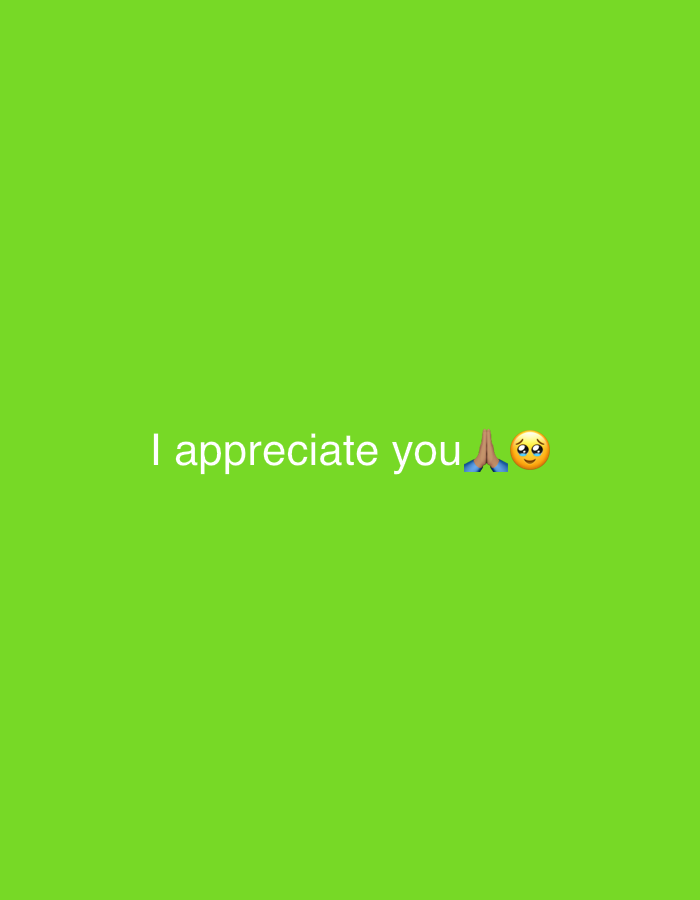A digital image with a solid bright green background contains the phrase "I appreciate you" in white, followed by prayer hands and pleading face emojis. There is no indication of a city, people, subjects, objects, actions, interactions or an environment.