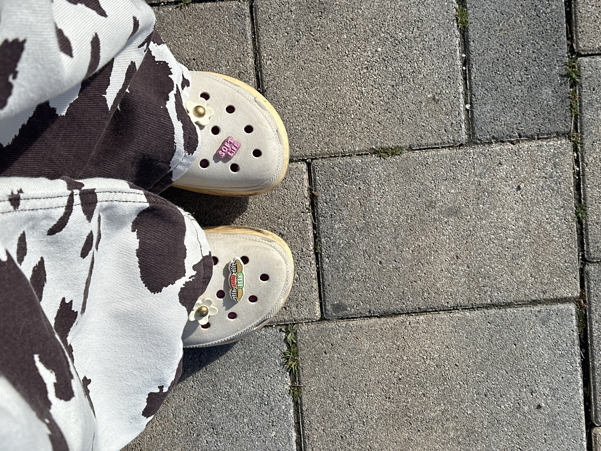 The image shows a pair of feet wearing light-colored Crocs with charms standing on a brick or stone paved surface. The feet are partially covered by pants with a cow print pattern. The right shoe has charms: a white flower and a pink charm reading "Soft Life." The left shoe has a white flower charm and a "Friends" logo charm. The surface they are standing on is made of rectangular grey pavers, with some weeds growing in the cracks between them. The location is not identifiable as Šušanj, Montenegro based solely on the image.