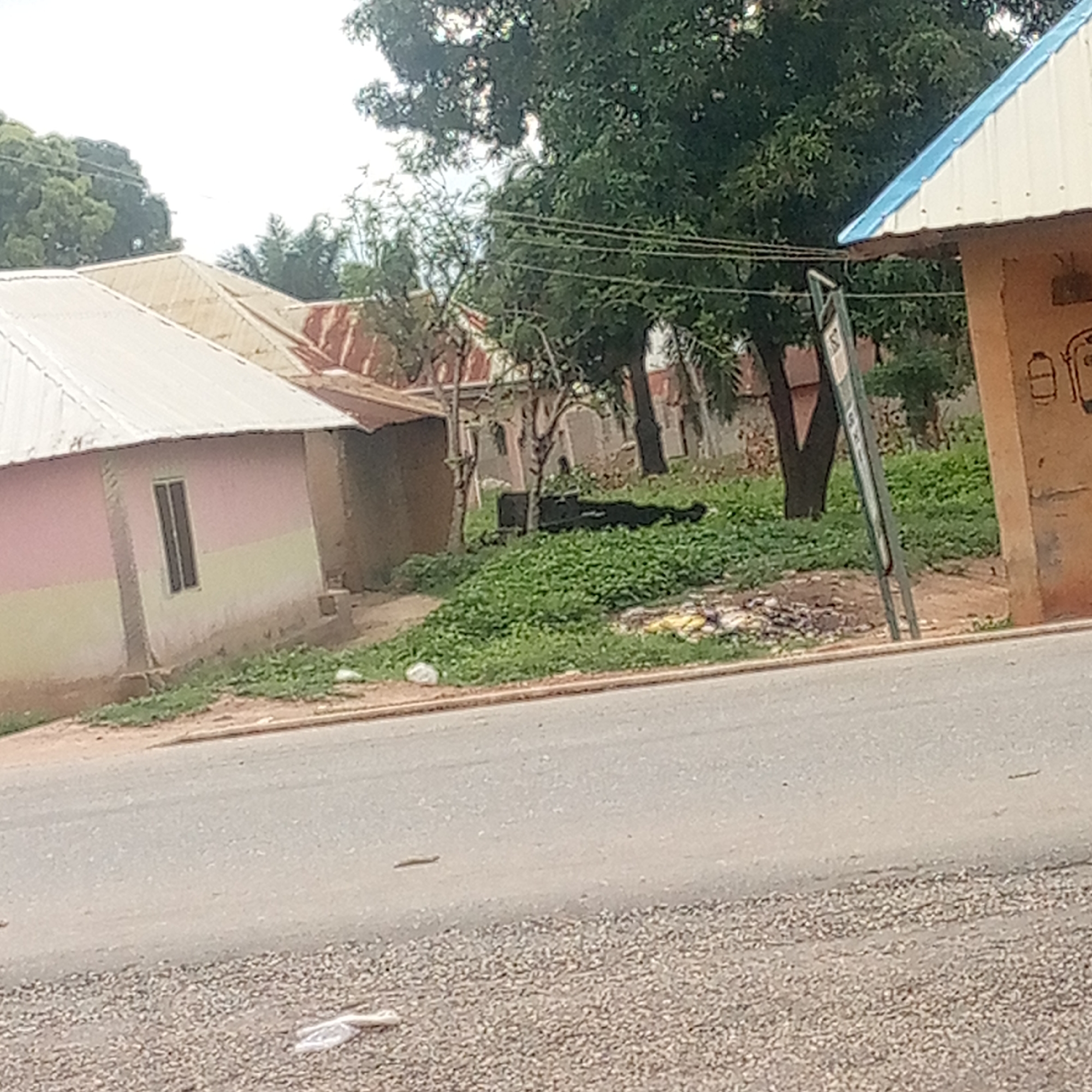 The image depicts a street scene in Mararaba, Nigeria. The foreground consists of a paved road with a gravel shoulder. A plastic bag lies discarded on the shoulder. In the background, several single-story buildings are visible, constructed of concrete blocks and topped with corrugated metal roofs. Some buildings are painted, with pink and tan colors apparent. Vegetation, including shrubs and trees, fills the spaces between the buildings. A utility pole stands next to one of the buildings.