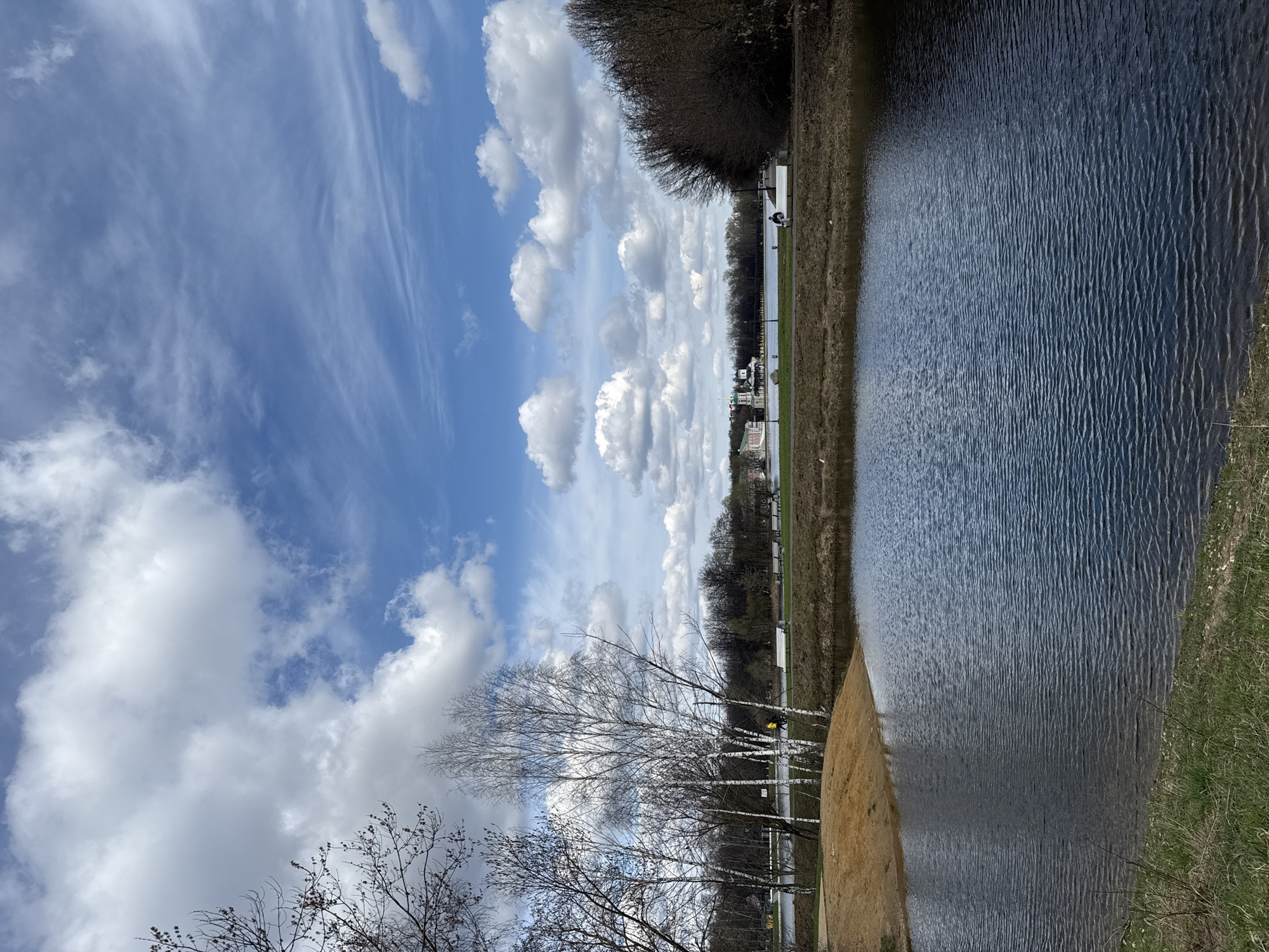 The image depicts a view of a body of water, likely a canal or river, adjacent to a grassy bank and a row of trees. The sky is filled with white clouds against a blue background. In the foreground, there are bare trees and grassy areas. The scene is a landscape view with a focus on the natural elements and the sky. The photo was taken in the city of Moscow, Russia.