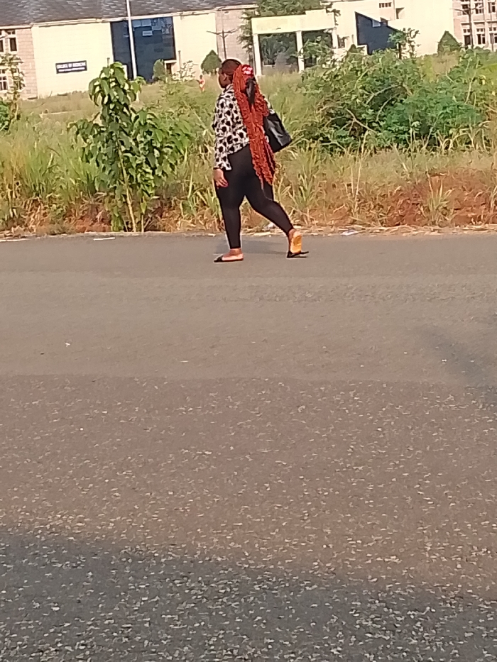 A woman is walking on a paved road in Ogboko, Nigeria. She is wearing a white and black patterned blouse, black leggings, and flat shoes. She has long, reddish-brown braids and is carrying a black purse on her shoulder. The road is gray and takes up most of the frame. To the side of the road, there is vegetation growing along the edge. Behind the woman and the vegetation, there are buildings in the background. One of the buildings has "College of Medicine" written on it.