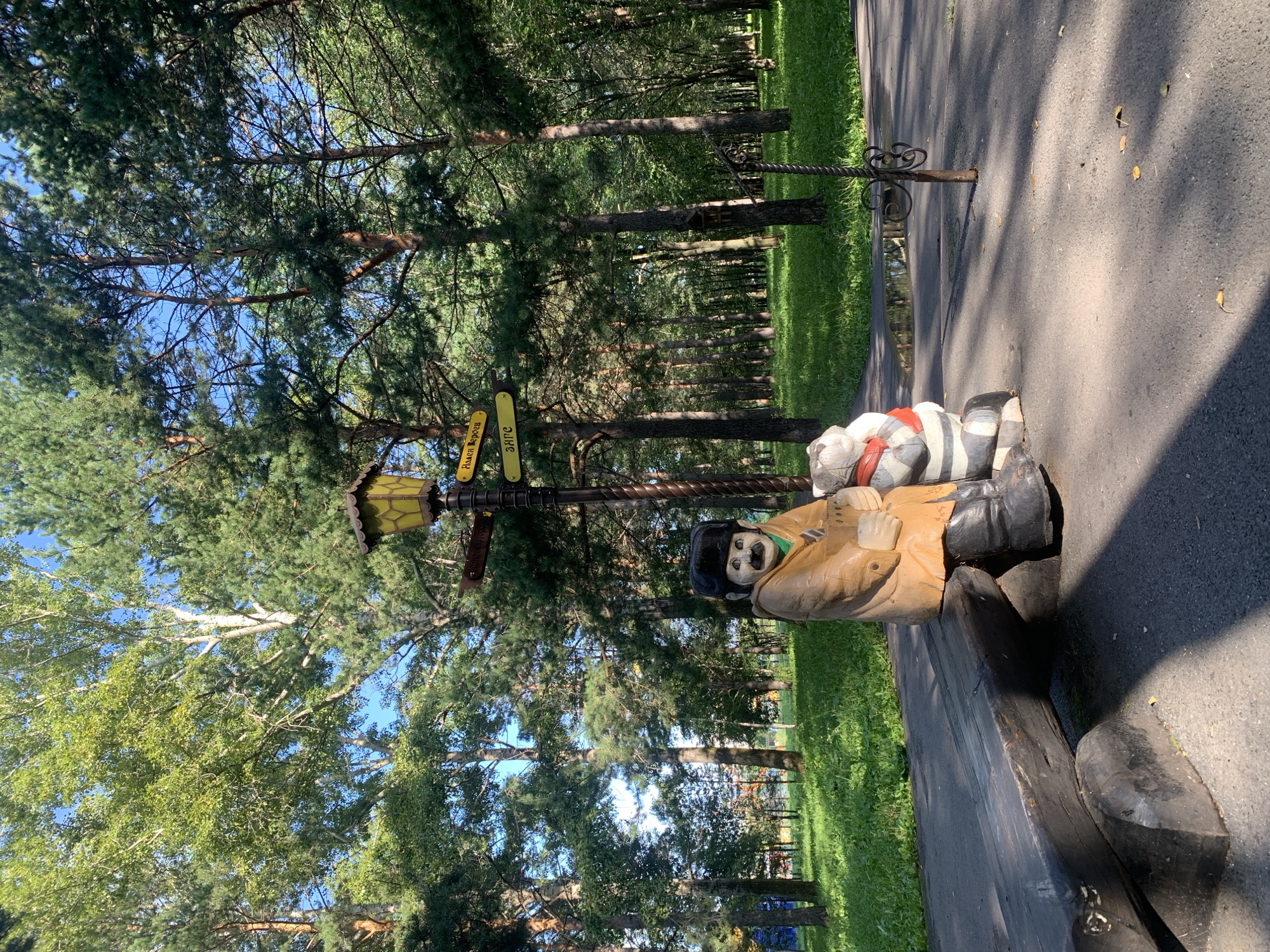 The image depicts a park scene in Prokopyevsk, Russia, featuring a wooden sculpture of a man in a fur hat and coat, sitting on a log bench next to a cat sculpture. The figures appear to be characters from Russian folklore or children's stories. A lamppost with directional signs is situated behind them, one sign pointing towards "Аллен Героев" (Heroes' Alley) and another towards "Зайц" (Hare). The park setting includes mature trees, lush green grass, a paved path, and a small puddle reflecting the sky. The overall atmosphere is serene and suggests a public recreational area.