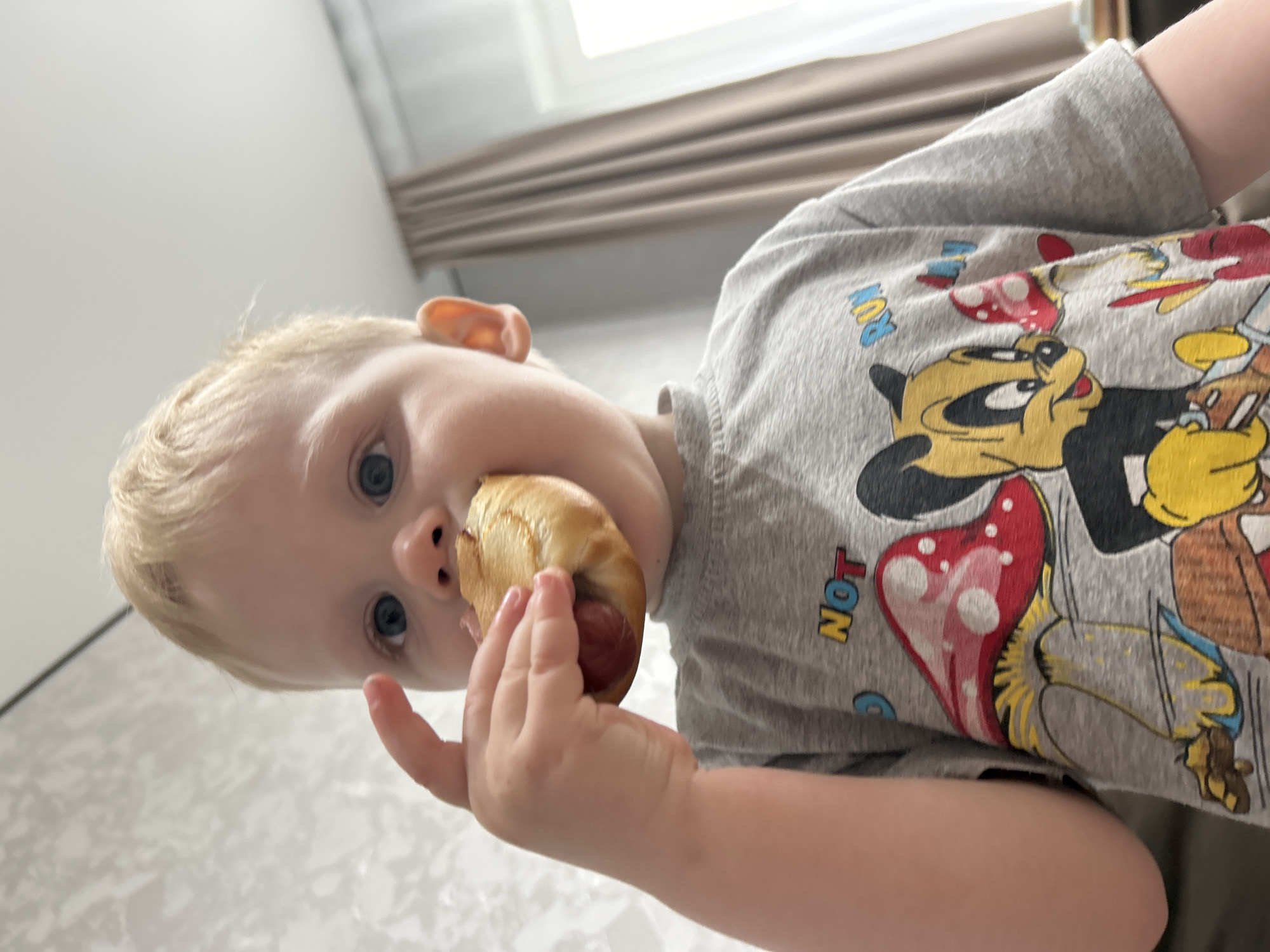 A young child with blonde hair and blue eyes is eating a hot dog. The child is wearing a gray t-shirt with cartoon characters. The child is holding the hot dog with their right hand. The location is likely an indoor setting in the city of Chaikovsky, Russia, based on the user's request. The background includes a window with curtains.