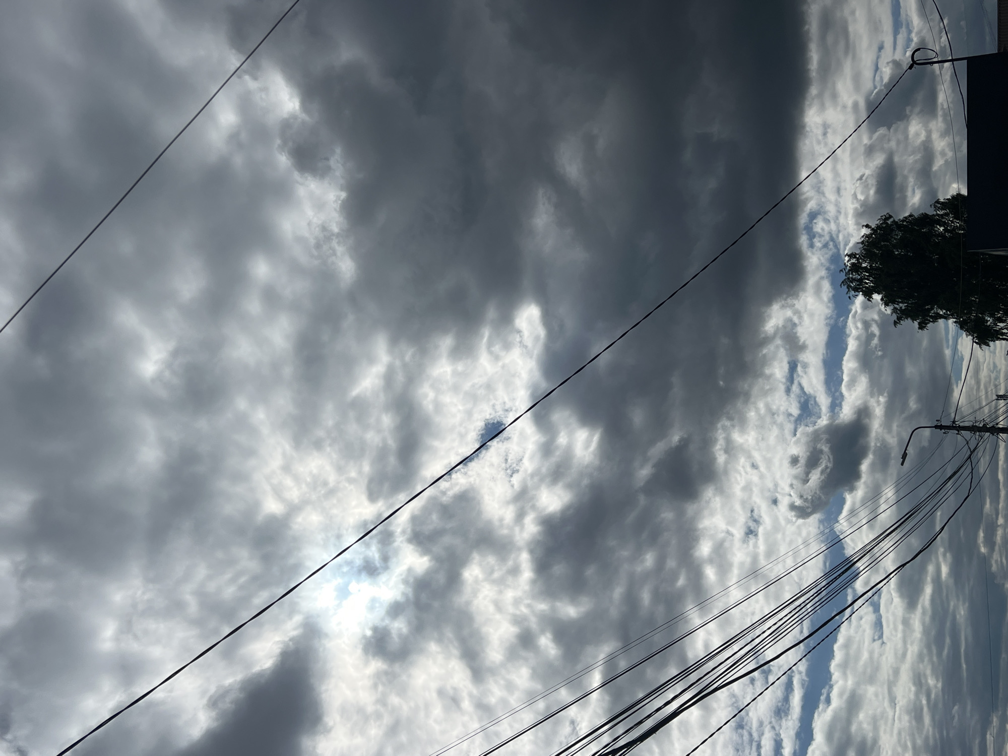 The image depicts a sky filled with dramatic, overcast clouds in Chaikovsky, Russia. Several power lines crisscross the frame, adding a sense of urban infrastructure against the natural backdrop of the sky. In the lower portion of the image, the silhouette of a tree and a building is visible, along with a street lamp. The sun is partially obscured by the clouds, creating areas of bright light and deep shadow, contributing to a moody atmosphere. The overall scene suggests a late afternoon or early evening, with impending weather changes.