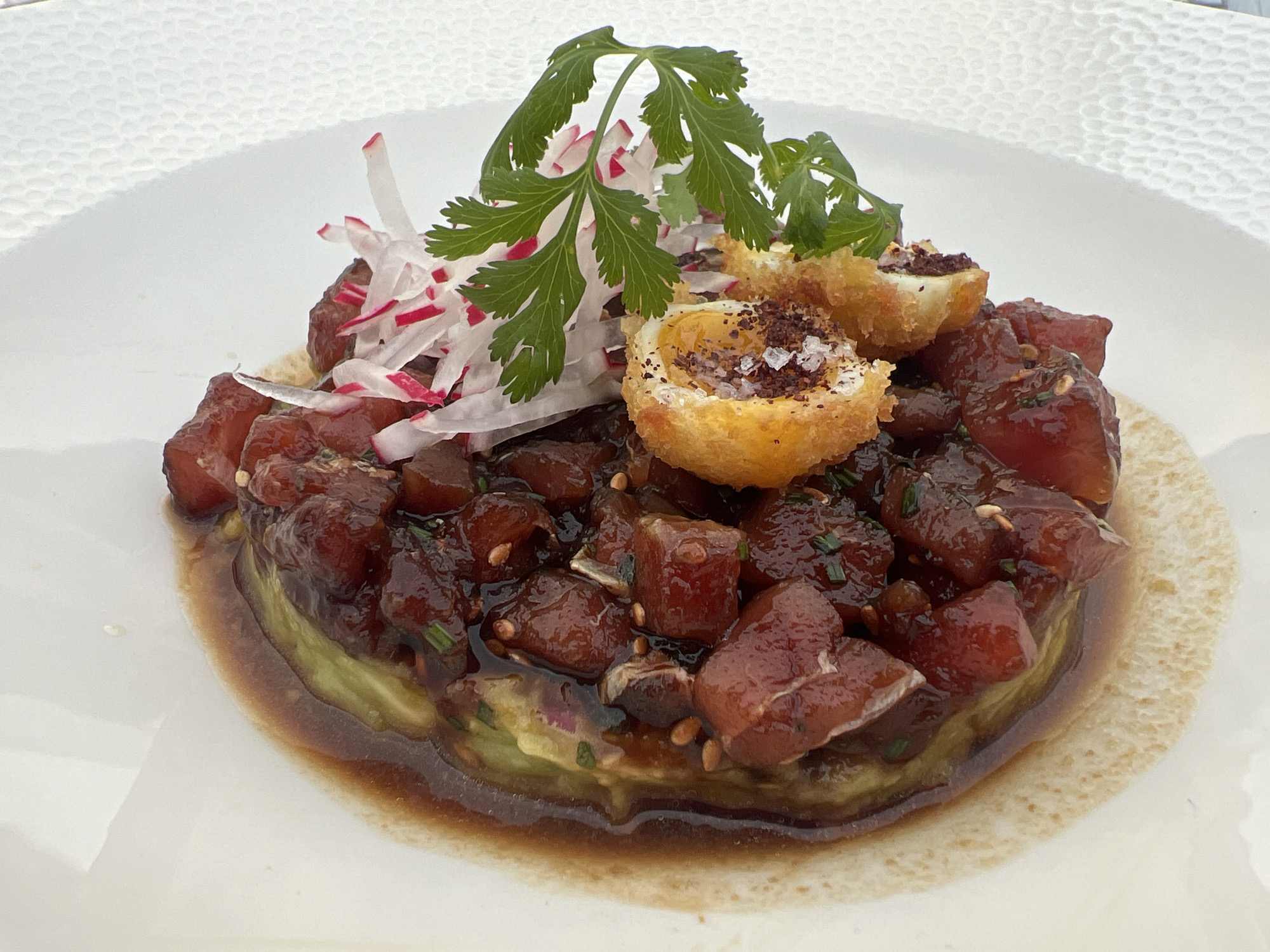 The image shows a close-up, overhead view of a beautifully plated dish on a white, textured surface, likely a plate or placemat. The dish itself is a mound of diced, dark red raw fish, possibly tuna, coated in a glossy, dark sauce. This is served atop a layer of mashed green avocado. Scattered throughout the fish are tiny green chives and sesame seeds.
Garnishing the dish are thinly sliced radishes with vibrant pink edges, mixed with what appears to be slivers of white radish. Atop the fish, two small, golden-brown, fried items are placed. These appear to be some sort of fritter or a bite-sized appetizer, sprinkled with coarse salt and dark spices. A sprig of fresh, green cilantro completes the presentation. The overall impression is one of a fine dining appetizer or a sophisticated seafood dish. The lighting suggests it could be daytime, possibly outdoors given the natural light. There is no visible text in the image. The setting appears to be a restaurant or a home with an emphasis on presentation. The location context is Đenovići, Montenegro.