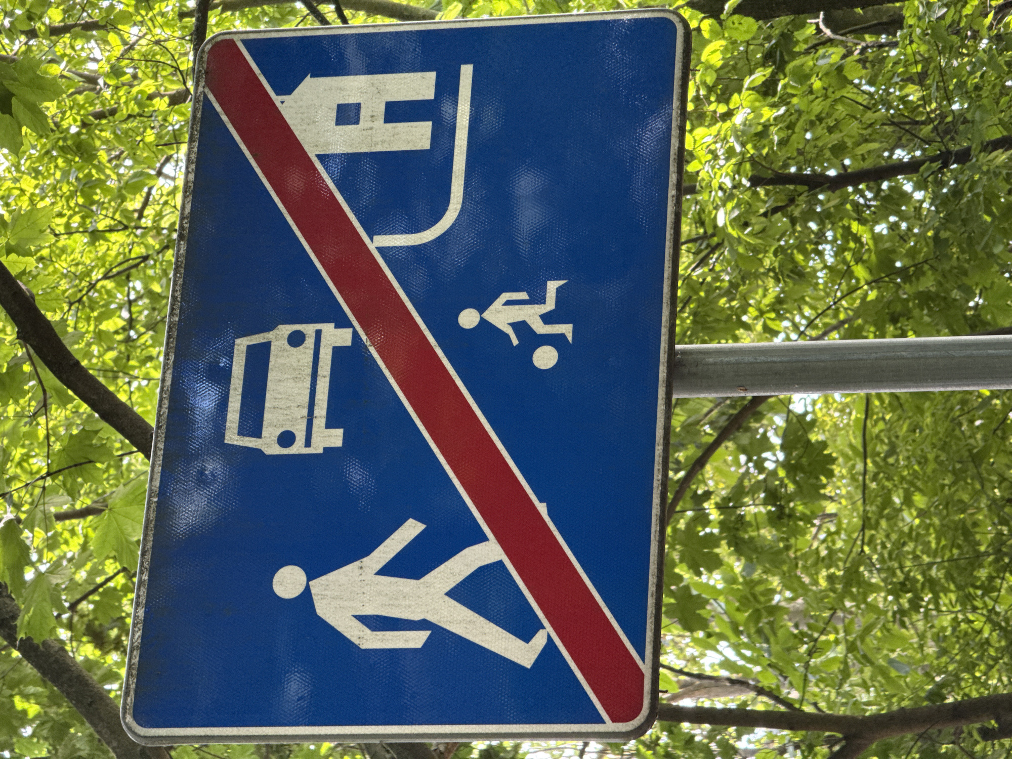 This is a close-up, eye-level, outdoor photograph of a blue rectangular traffic sign with a red diagonal stripe across it, indicating the end of a restriction. The sign is mounted on a metal pole and is partially obscured by green leaves and tree branches from the surrounding foliage. The leaves are vibrant green, suggesting it is daytime and possibly spring or summer. Sunlight filters through the leaves, creating dappled lighting on the sign and the background.
The sign contains several white pictograms. At the top left, there is an image of a bus. To the right of the bus, a child is depicted playing with a ball. In the lower left quadrant of the sign, a person is shown walking. The red stripe runs from the top right to the bottom left corner of the sign, visually dividing the forbidden symbols from the allowed symbols. The pictograms above the red stripe (bus and child) are crossed out, while the pictogram below the stripe (pedestrian) is not. This signifies that buses and children playing with balls are no longer restricted in this area, but pedestrians are still allowed. The sign shows some wear and tear, with scuff marks visible on its surface. The background is dominated by the natural elements of trees and leaves, with a glimpse of a grey metal railing at the bottom.
