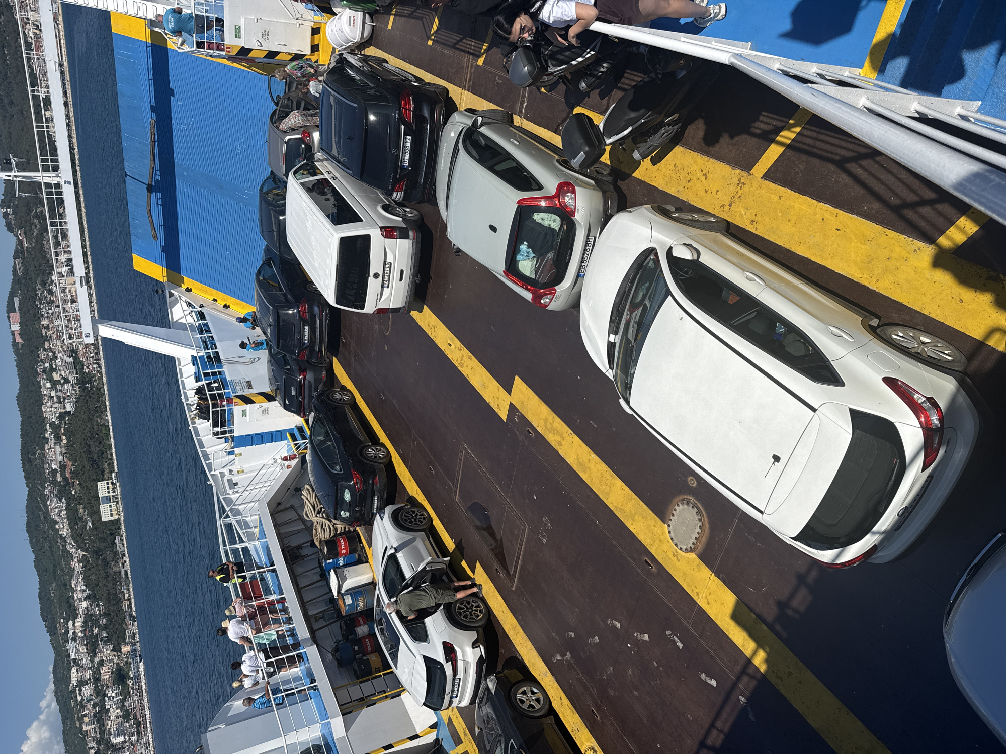 A ferry is docked at the port of Kavala, Greece, with several cars and people on its deck. The ferry deck is dark brown with yellow lines marking parking spots. In the foreground, a white SUV is parked. Behind it, a silver hatchback is parked with its trunk open, revealing luggage. Next to the hatchback, two motorcycles are parked. Further back, a white van is parked, followed by a black SUV. Another black SUV is parked to the left of the van. On the left side of the deck, a white SUV is parked, and a man is seen entering it.
A group of people stand on a raised walkway on the left side of the ferry, looking out at the water and the city. The city of Kavala is visible in the background, with buildings situated on a hill overlooking the sea. The water is a deep blue, and the sky is clear and sunny. The overall scene depicts a busy ferry loading or unloading cars and passengers.