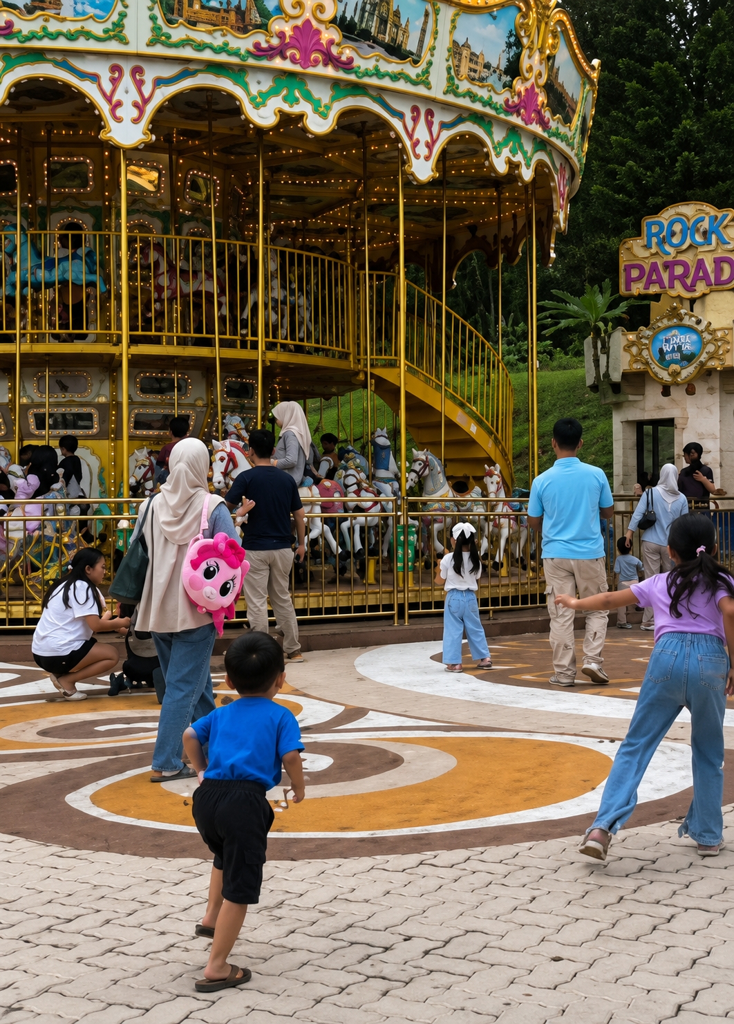 In Berastagi, Indonesia, at the "Rock Paradise" amusement park, a vibrant yellow carousel with painted scenes of castles dominates the background. A spiral staircase leads up to the carousel's upper level. In the foreground, a young boy in a blue shirt and black shorts runs away from the camera. To his right, a girl in a purple shirt and blue jeans is also running. Between them and the carousel, a woman wearing a hijab and a beige jacket walks with a pink cartoon-shaped bag. A woman in a white shirt and black shorts kneels to the left, facing away from the camera. Several other people, including a man in a light blue shirt, are near the carousel entrance. The ground is paved with interlocking stones and features a circular yellow and brown design. Lush green trees form the backdrop.