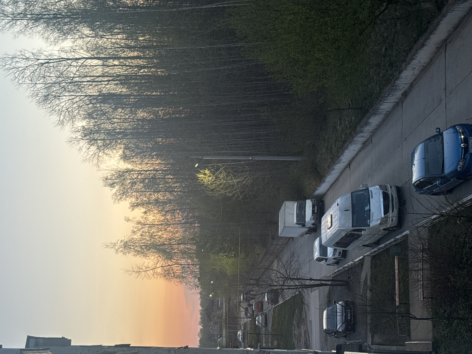 The image depicts a view from an elevated position, possibly a building, overlooking a street in Noviy, Russia. At the lower left corner is a glimpse of what appears to be a section of a building roof. The sky transitions from a warm, orange hue near the horizon to a pale gray above. A line of trees borders one side of the street. Some trees have foliage, while others are bare. The street itself is gray concrete with several parked vehicles including a blue car, a white delivery van, and other cars. There are lamp posts along the street. The lighting suggests it is either early morning or late evening.