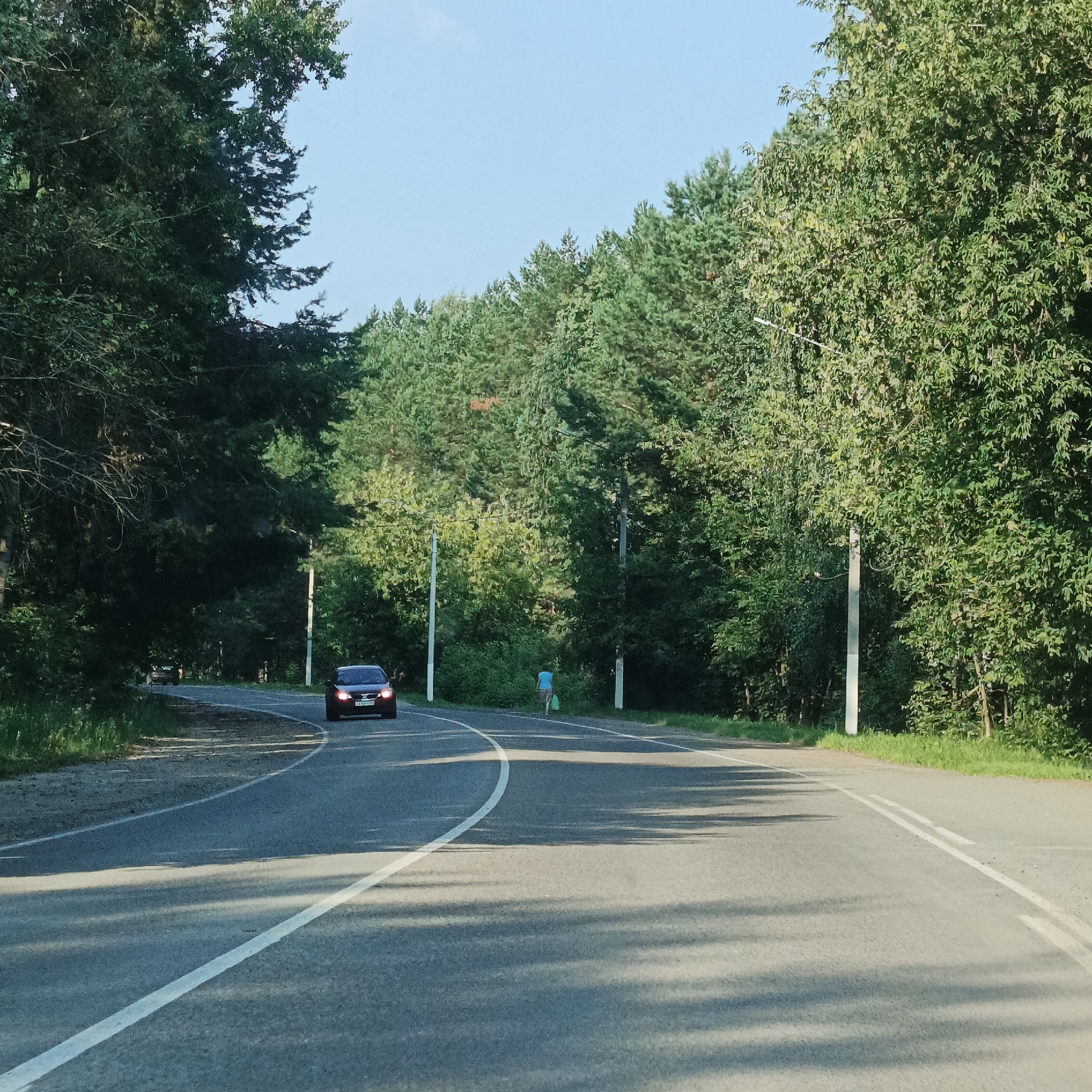 The image captures a two-lane asphalt road winding through a dense forest on a clear, sunny day. The road has white lane markings. On the left side of the road, a dark-colored sedan is driving away from the viewer. Further down the road, another dark-colored sedan is approaching the viewer. On the right side of the road, a person wearing a blue t-shirt and shorts is walking away from the viewer, carrying a green bag. Several utility poles are visible along the roadside. The trees are lush and green, characteristic of a summer scene. This road is likely located in or near Chaikovsky, Russia, given its characteristic rural forest setting.