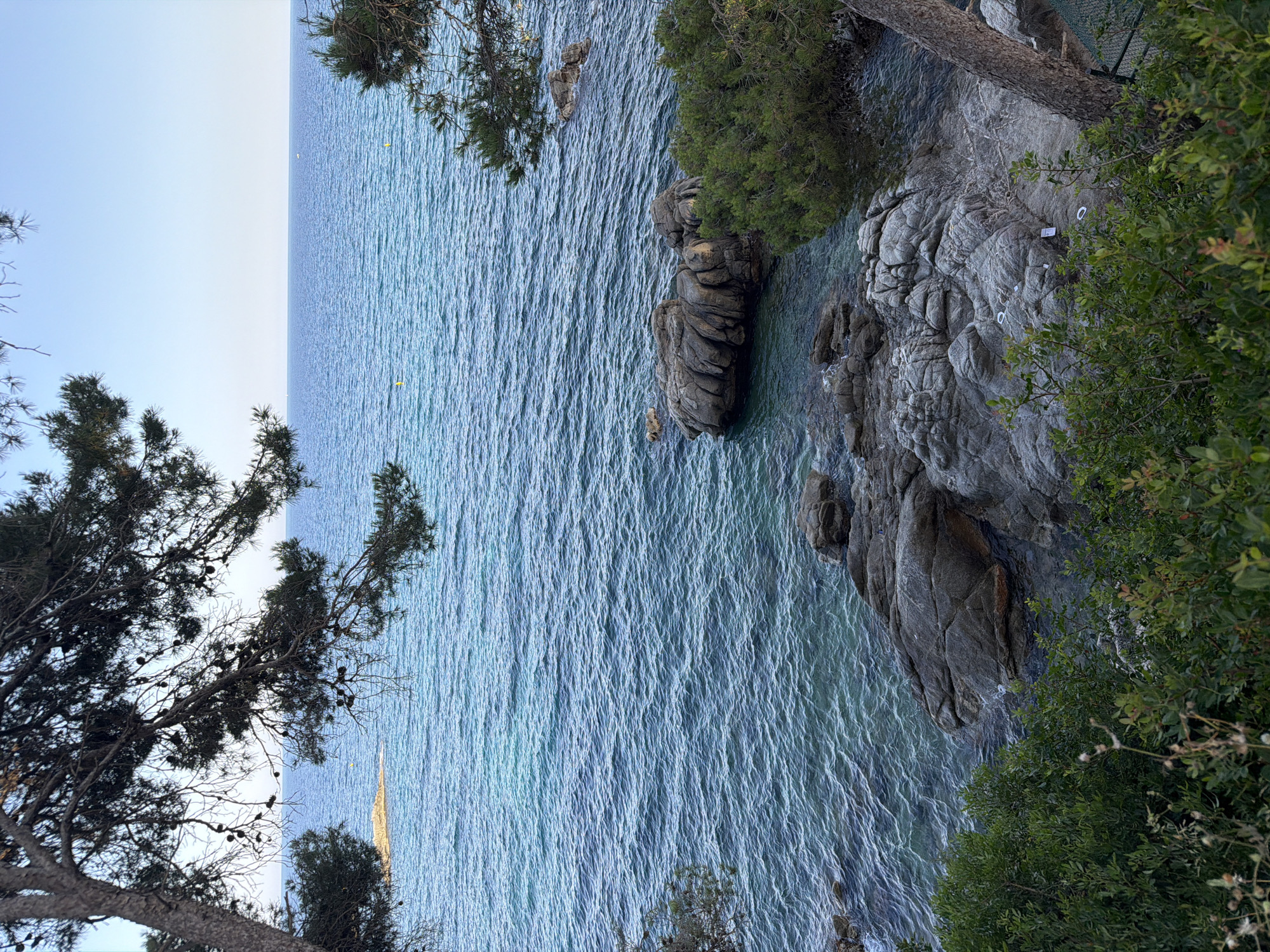 This media file captures a scenic view of the Mediterranean Sea from a rocky coastline in Castell d'Aro, Platja d'Aro i s'Agaró, Spain. The composition is dominated by the vast expanse of the blue sea, its surface rippled by gentle waves, reflecting the clear sky. On the right side of the frame, rugged grey rocks form the coastline, with some partially submerged in the water. Lush green foliage, including pine trees and other Mediterranean shrubs, grows along the rocky edge and in the foreground, framing the view of the sea.
The scene appears to be set during the daytime, under fair weather conditions, judging by the bright sky and the clear visibility. The lighting suggests it could be late afternoon or early morning, given the soft light on the water. In the distance, a solitary sailboat is visible on the horizon, adding a touch of activity to the otherwise serene seascape. The overall mood conveyed is one of tranquility and natural beauty, characteristic of the Costa Brava coastline. No discernible text is visible within the image.