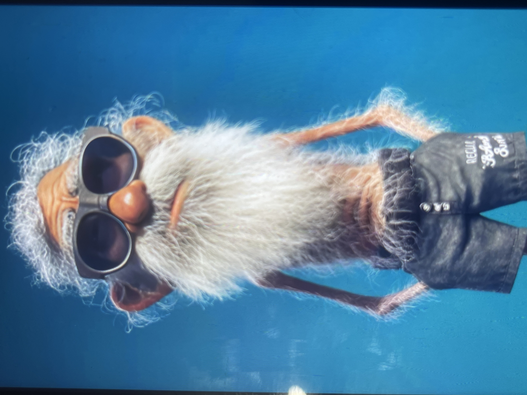 This is a digital illustration of a cartoon character, an elderly man with a large white beard, wearing sunglasses and dark shorts. He stands against a plain blue background. The character has white, wispy hair, prominent eyebrows, and a large nose. His arms are bent with hands in his pockets. The shorts have white lettering on the left leg that appears to read "RECLU" and "RAnd Sun." There is no indication of the city of Bishkek, Kyrgyzstan, or any urban environment within the image.