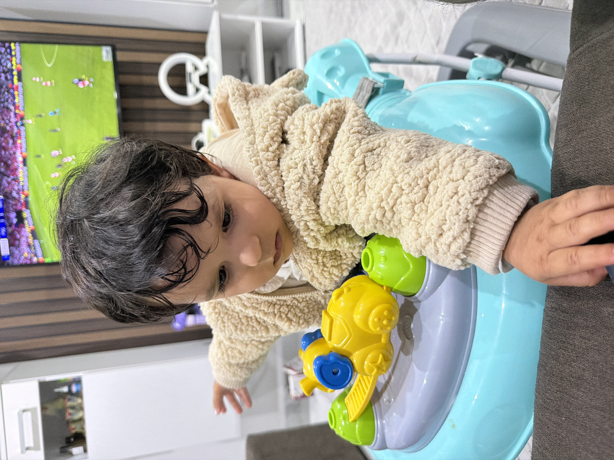 An indoor portrait from a slightly elevated perspective features a baby or toddler with dark, curly hair and dark eyes, captured in what appears to be a home in Sinitovo, Bulgaria. The child, estimated to be between 6 and 18 months old, is wearing a warm, cream-colored, textured jacket or hoodie.
The baby is situated in a light blue and gray activity center or walker, which includes vibrant green and yellow interactive toys on its tray. One notable toy is yellow with blue accents, designed to resemble a stylized face. The child's gaze is directed downwards and to their right, indicating curiosity as they observe the toys or their immediate environment. Their left hand is resting on the activity center's tray, while their right hand is partially visible on a dark gray fabric surface, possibly an armrest of a sofa or chair.
In the background, a television screen is visible, displaying a football (soccer) match on a green field with small, colorful player figures. Faint, pixelated text, including "maddan", can be seen along the left edge of the screen. Behind the TV, there is dark brown wooden paneling and a white shelving unit or cabinet. The overall setting suggests a comfortable and modern living space, with the baby engaged in play while a game is on.