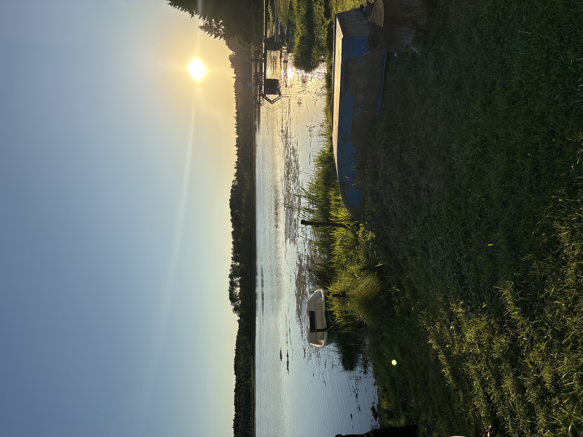 This image depicts a serene sunset scene at a lake, possibly located in or near Chikino, Russia. The sun, a bright orb, is setting on the right side of the frame, casting a warm golden glow across the water and sky. The sky transitions from a clear blue at the top to a lighter yellow near the horizon. In the foreground, the grassy bank slopes down towards the lake. A small, white boat with a green interior is partially submerged at the water's edge, grounded on the shore. Further along the bank, an overturned blue boat rests on the grass, with a tree stump to its right.
The lake itself is calm, with ripples on its surface reflecting the sky and the distant treeline. Scattered patches of aquatic vegetation are visible in the water. Across the lake, a dense forest lines the horizon, silhouetted against the bright sky. On the right side of the lake, a wooden pier extends into the water, with a few people standing on it. The pier has railings and steps leading down to the water. The overall atmosphere is peaceful and tranquil, characteristic of a summer evening.